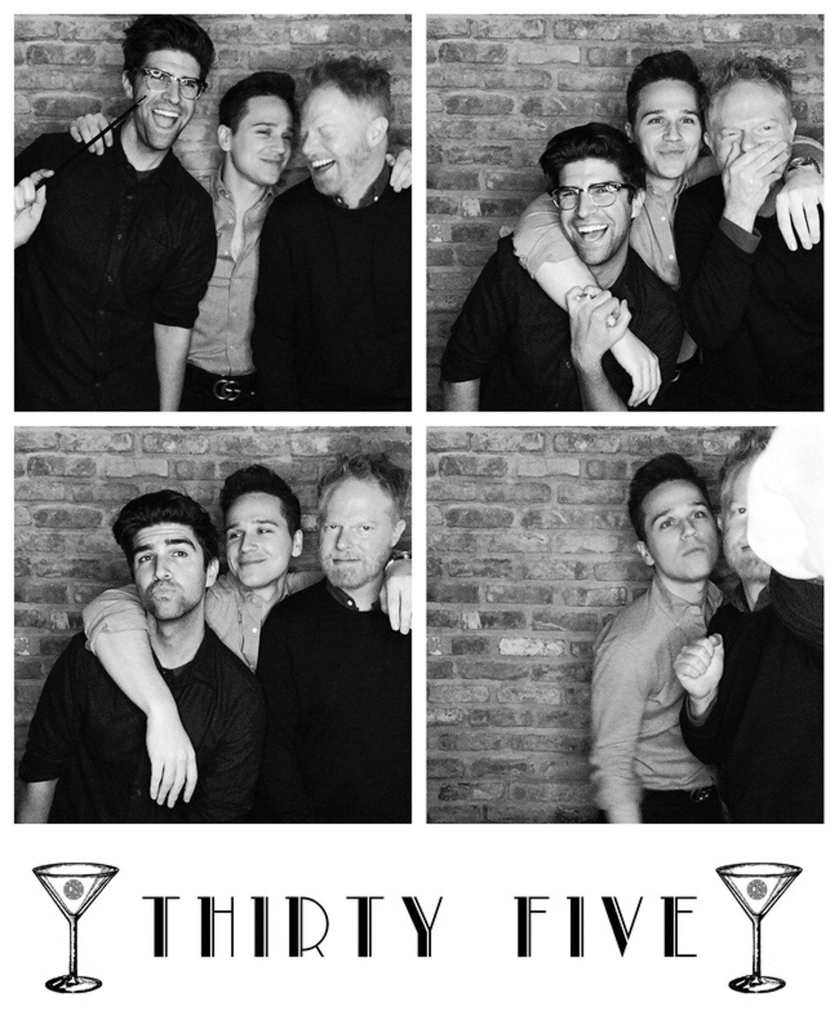 Photo booth collage of three men posing playfully against a brick wall, with the text 'THIRTY FIVE' and martini glass graphics at the bottom.