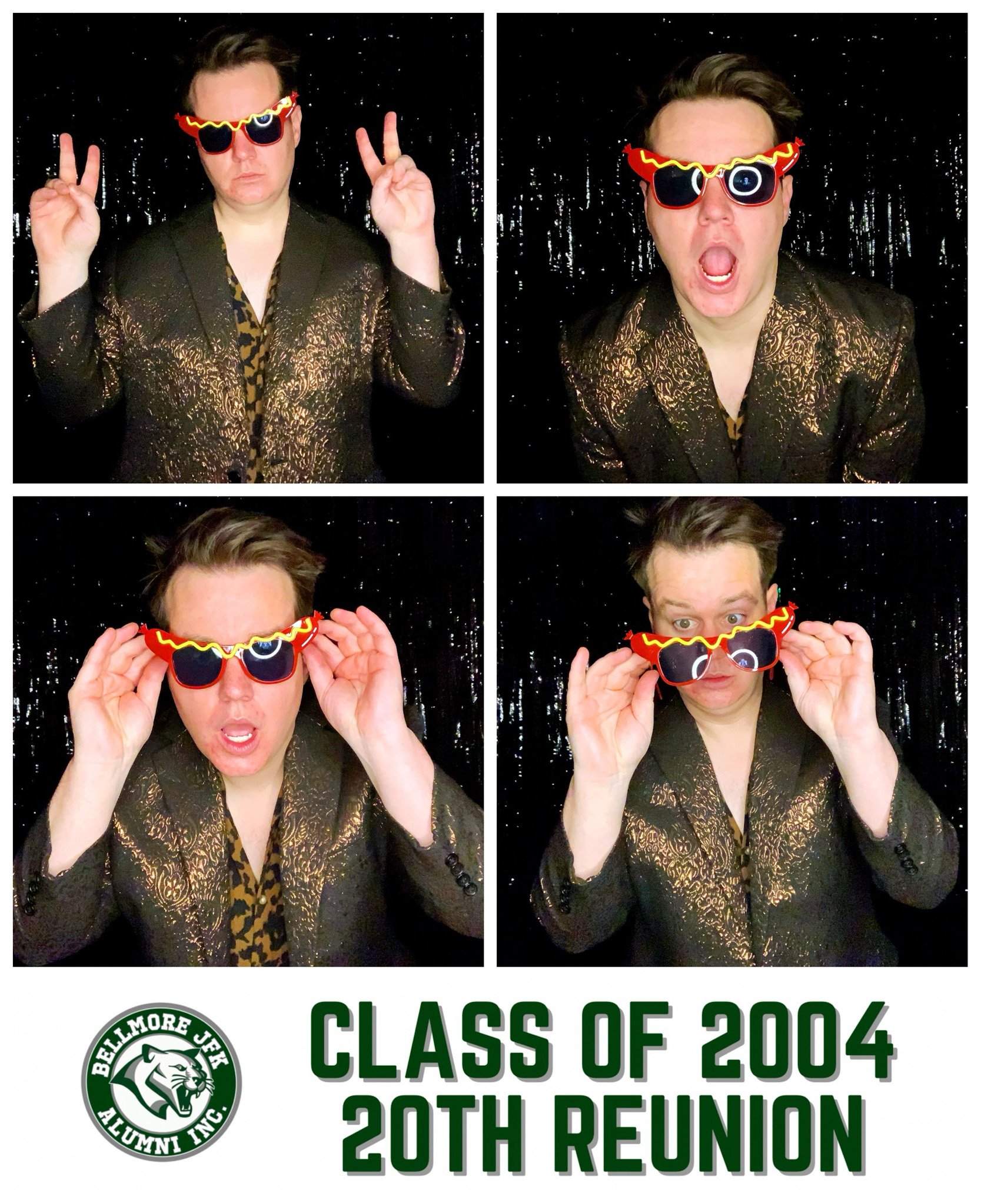 Man in a shiny jacket and novelty sunglasses making various expressions in a photo booth setup, with "Class of 2004 20th Reunion" text and a logo for Bellmore JFK Alumni Inc.