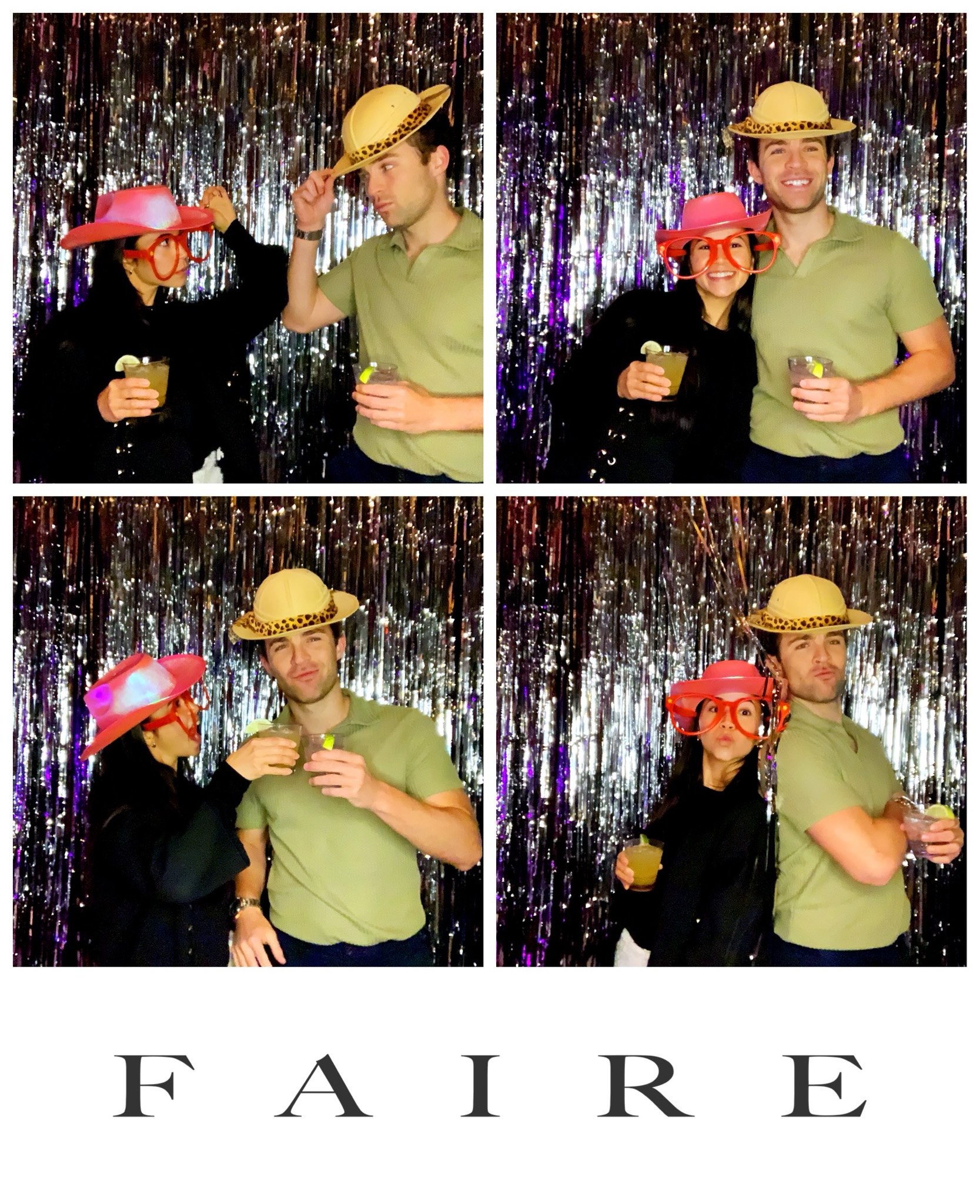 A series of four photo booth images featuring a man and a woman in colorful hats and playful glasses, posing against a shiny, metallic backdrop. They are holding drinks and smiling. The bottom of the image displays the word "FAIRE" in capital letters