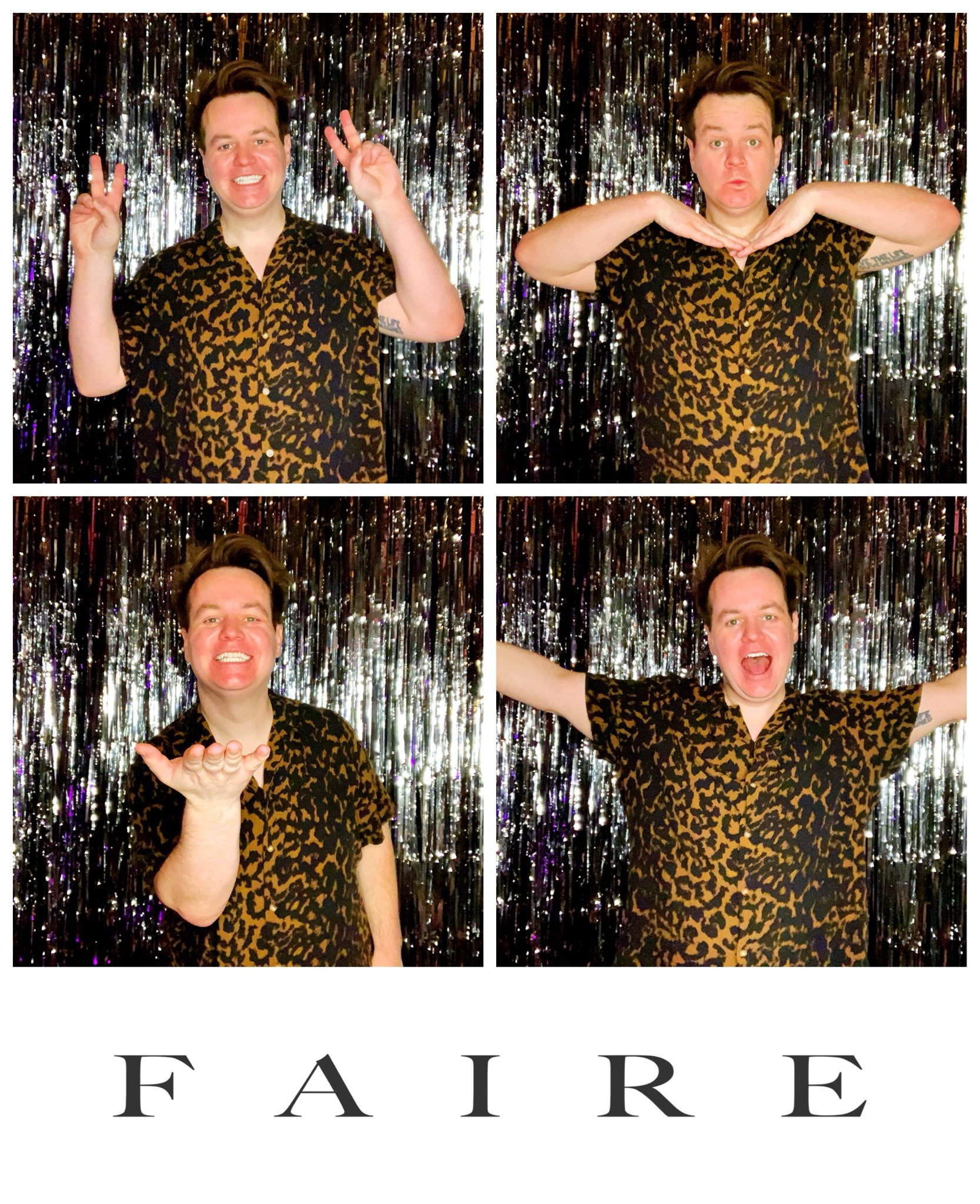 Man posing in front of silver tinsel curtain, wearing leopard print shirt, making various hand gestures, with "FAIRE" text below.
