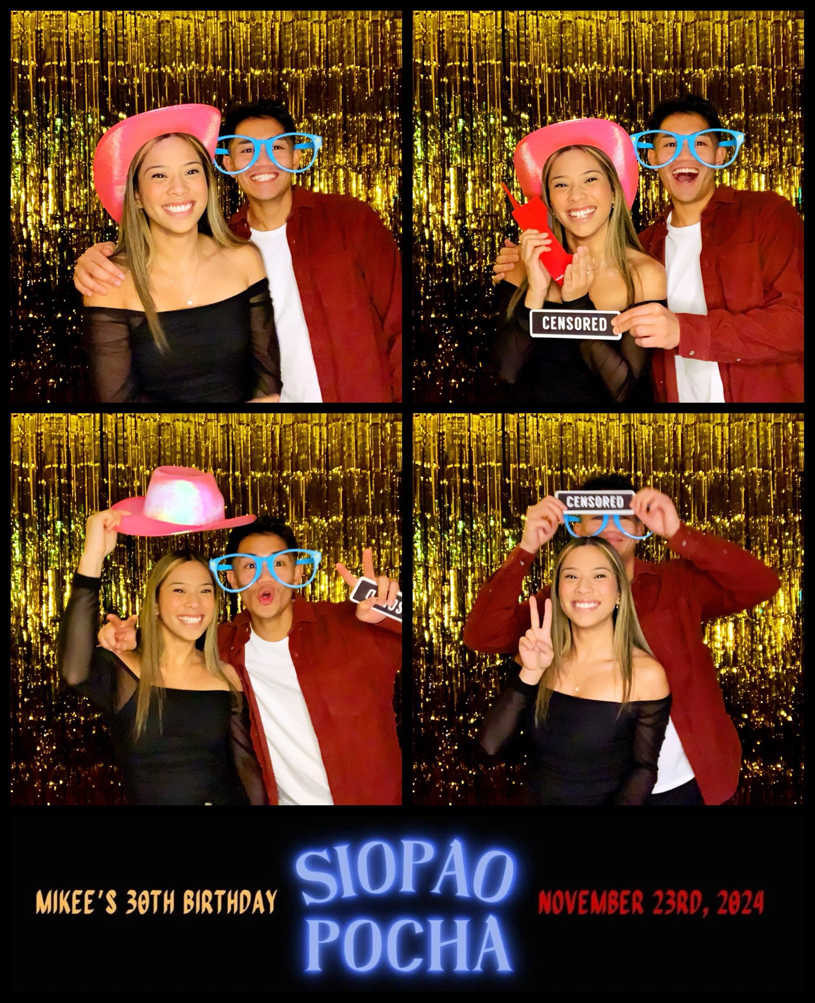 Photo booth collage with two people celebrating an event with props; background is gold glitter. Text: 'Mikee’s 30th Birthday, Siopao Pocha, November 23rd, 2024.'