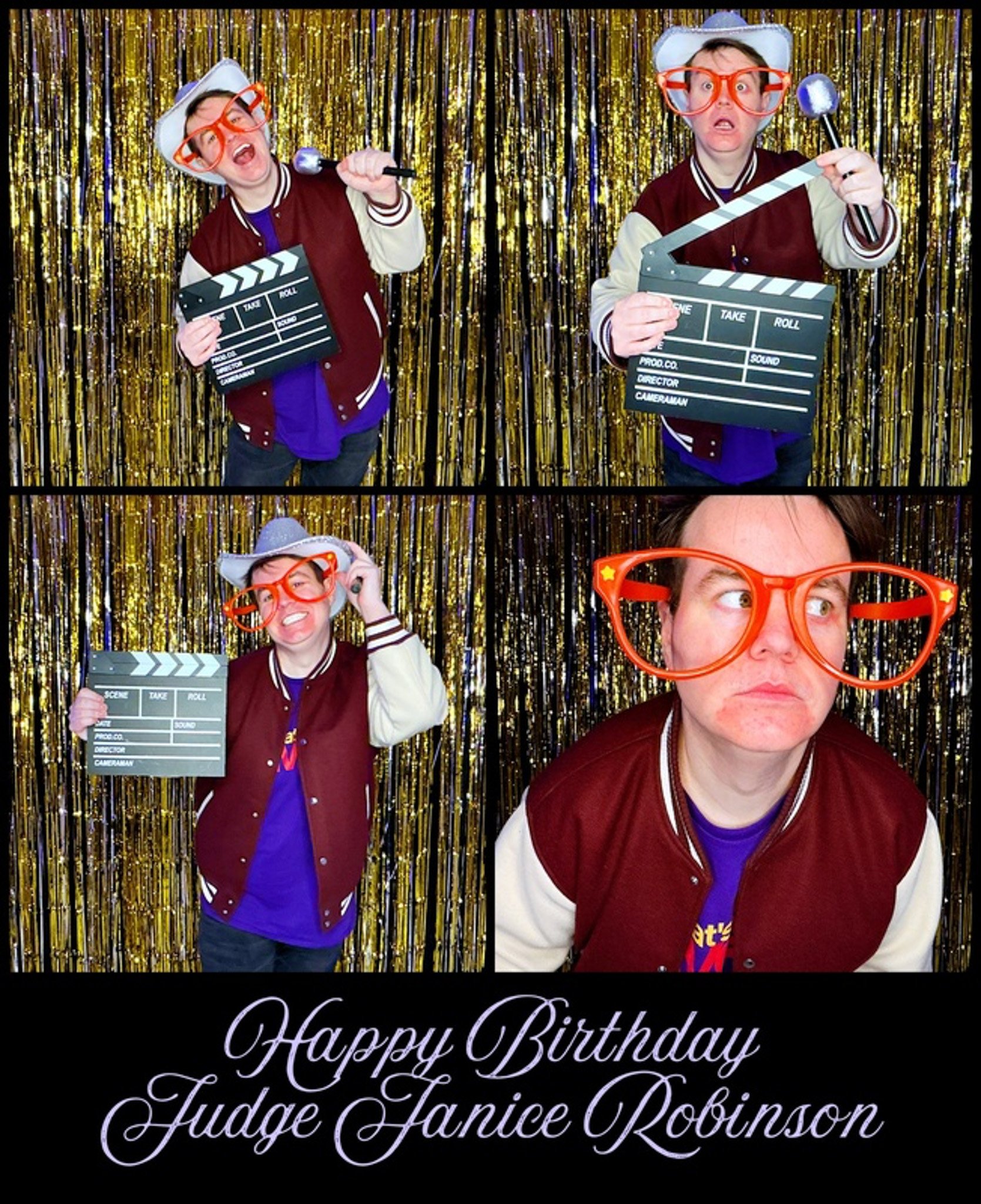 Collage of a person with red glasses and cowboy hat holding a clapperboard and microphone against a gold fringe backdrop, with text 'Happy Birthday Judge Janice Robinson' on the bottom.
