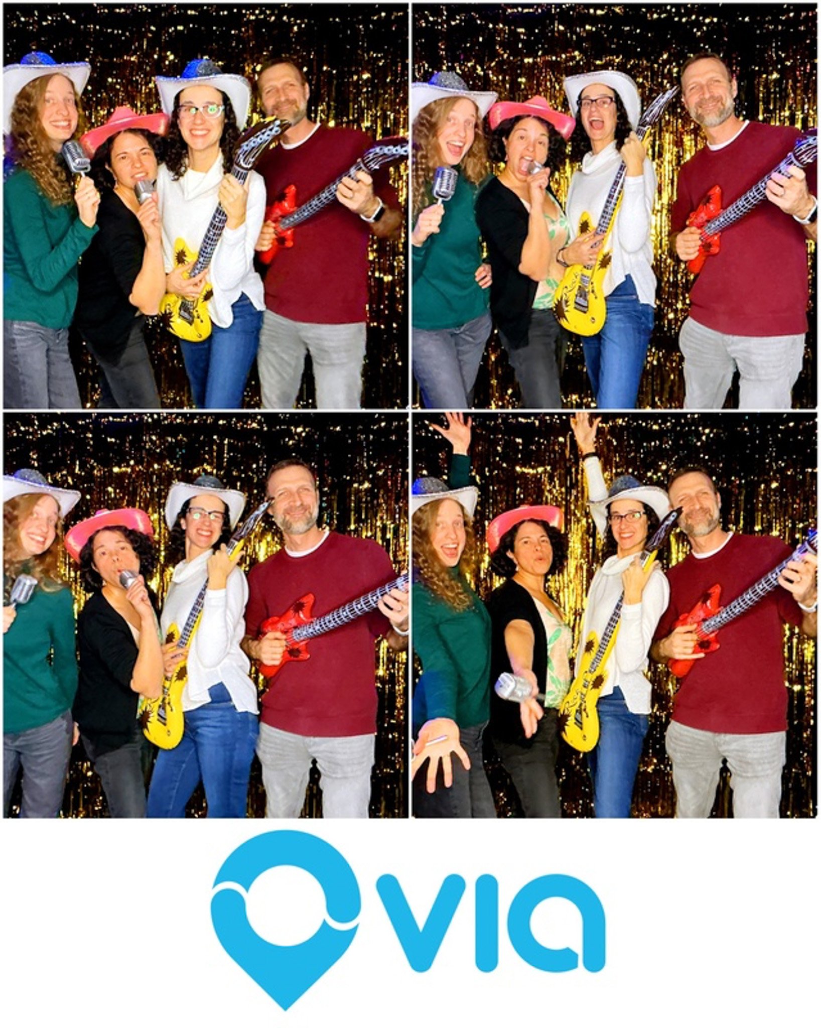 Four people posing in a photo booth with props like inflatable guitars and microphones, wearing cowboy hats, against a glittery backdrop. The logo 'Via' is displayed below the images.