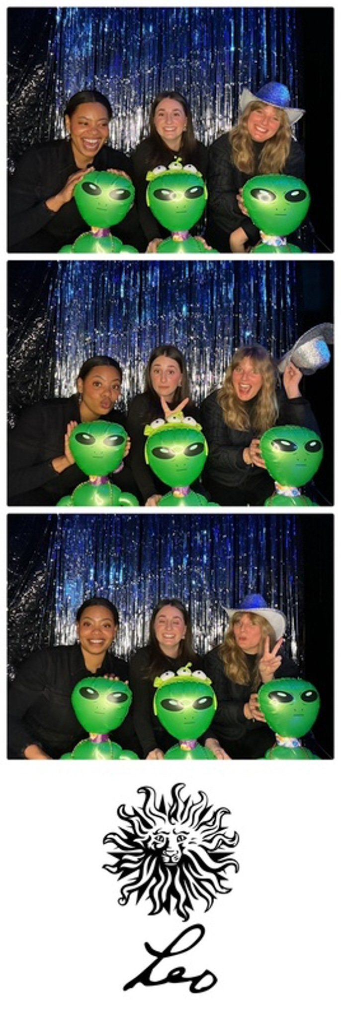 A series of three photos showing three people posing with inflatable green alien dolls in front of a shiny, blue backdrop, and a logo featuring a stylized lion and the word 'Leo' below.