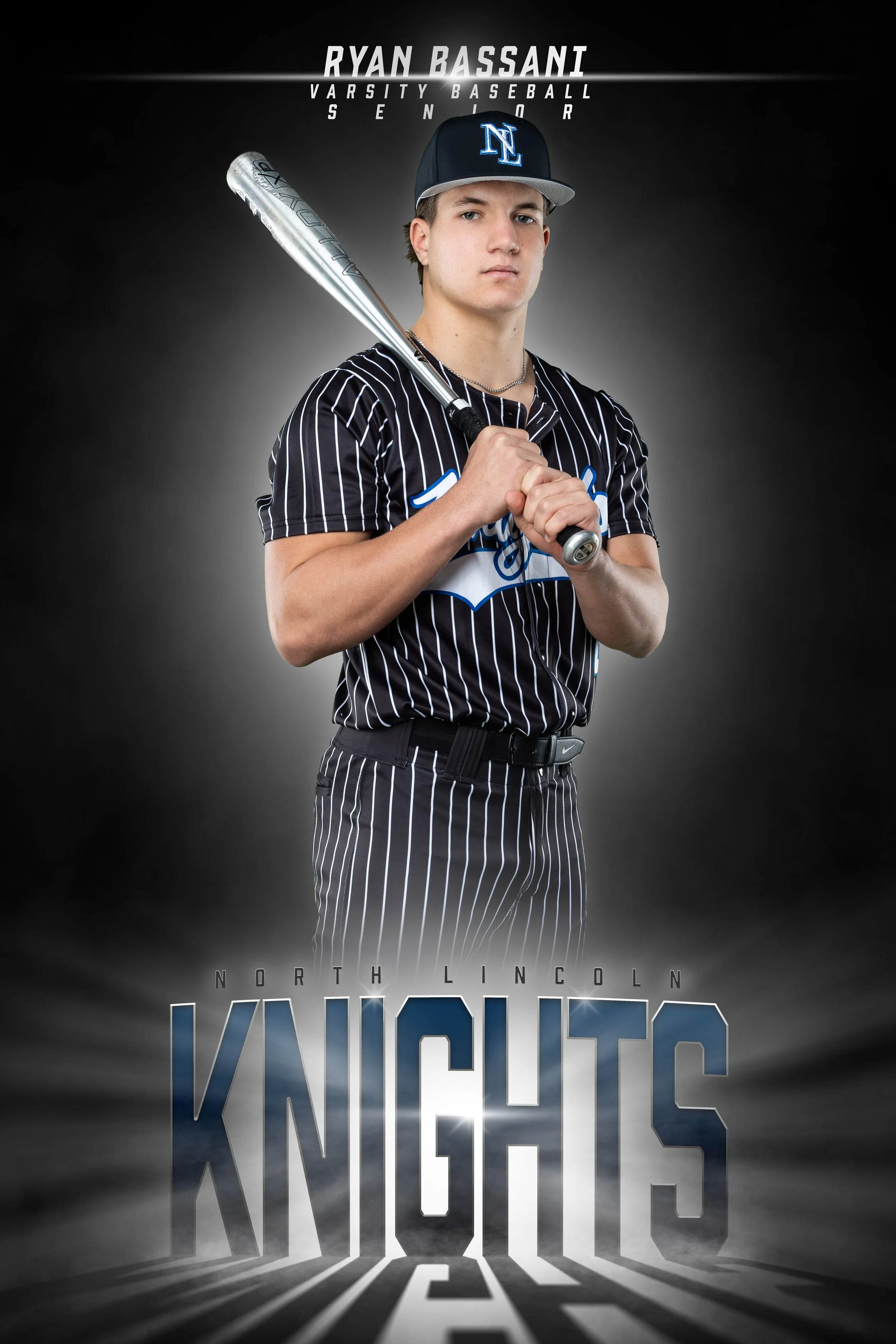 A young male baseball player in a uniform holding a bat across his chest against a dark background with text indicating he is Ryan Bassani, a senior and varsity baseball player, representing North Lincoln Knights.