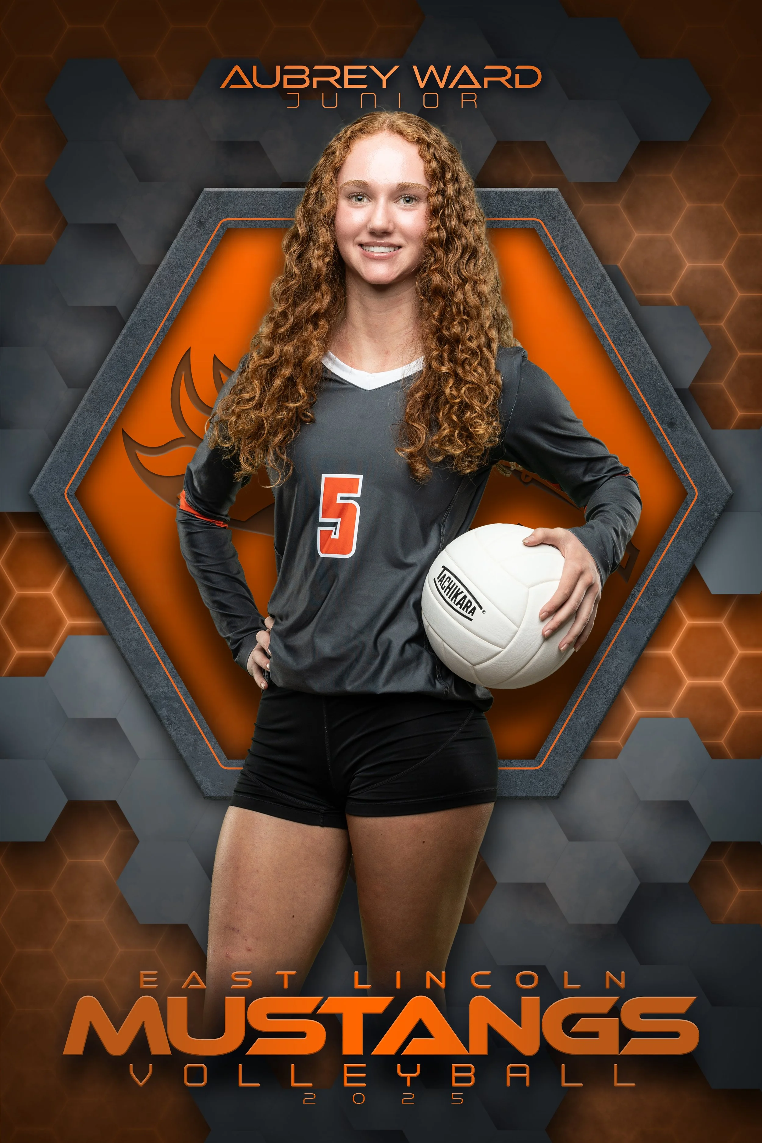 A young female volleyball player with curly red hair holding a volleyball, wearing a gray and black uniform with the number 5, standing in front of a graphic background with the text "Aubrey Ward Junior," and "East Lincoln Mustangs Volleyball 2015."