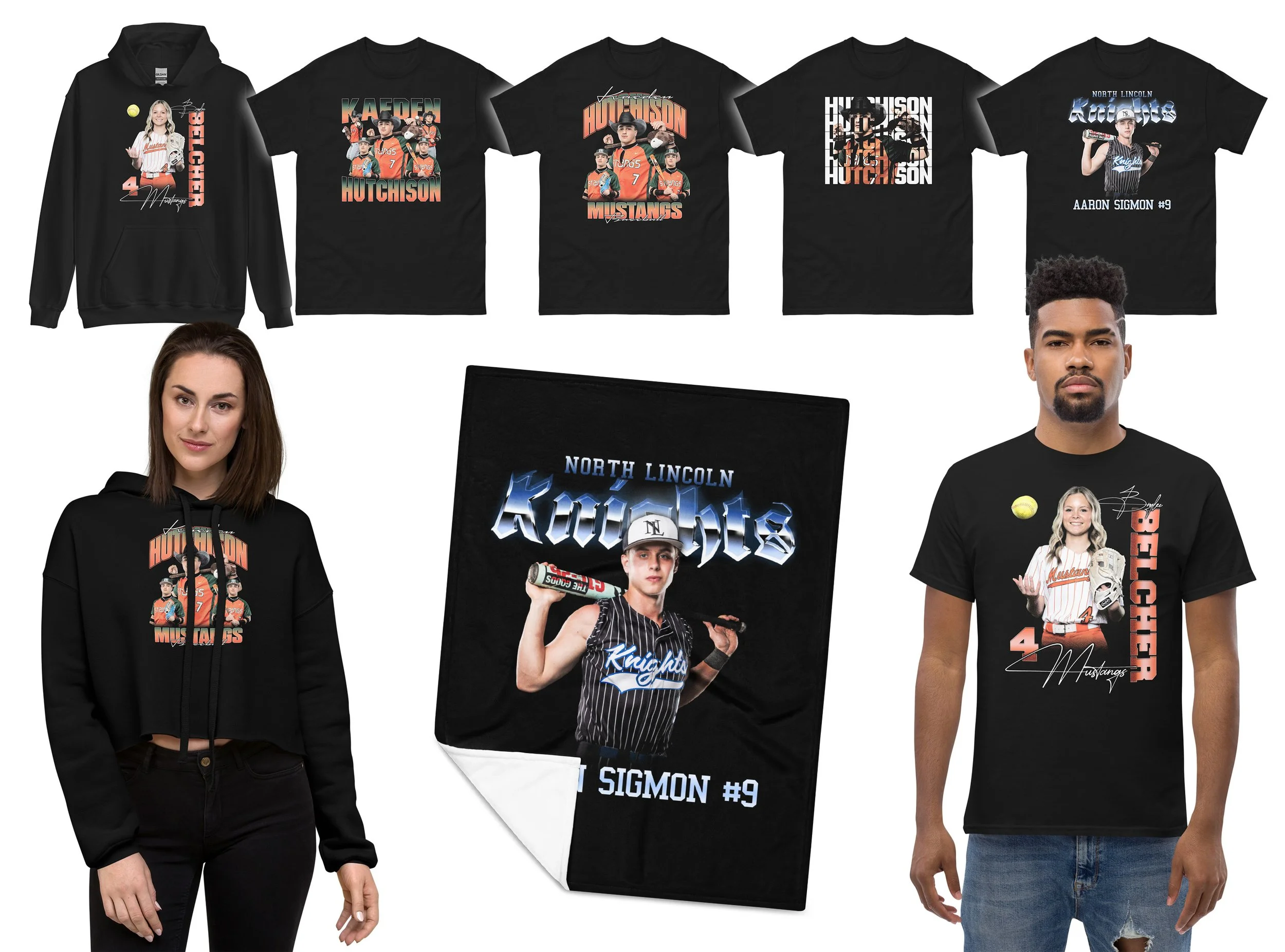 A collection of North Lincoln Knighthawks-themed apparel including a hoodie, T-shirts, a blanket, and a woman and man wearing T-shirts with team graphics, all featuring a young female hockey player, a male hockey player, and team logos in black, orange, and blue.