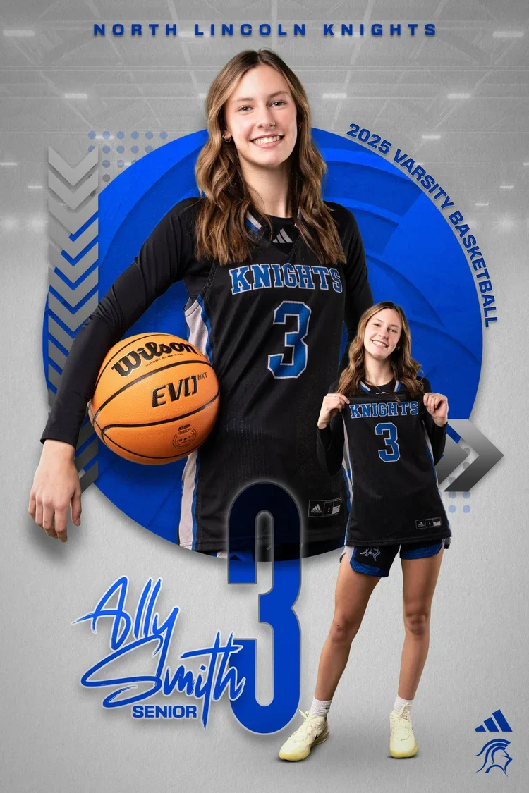 A digital poster featuring a young female basketball player in a black jersey with blue and white accents, holding a Wilson basketball in one hand. She is smiling and has long, wavy brown hair. The poster displays her name "Ally Smith," her jersey nu