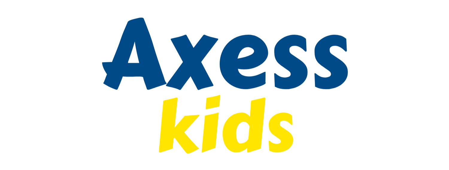 Colorful logo with the words 'Axess kids' in bold blue and yellow letters.