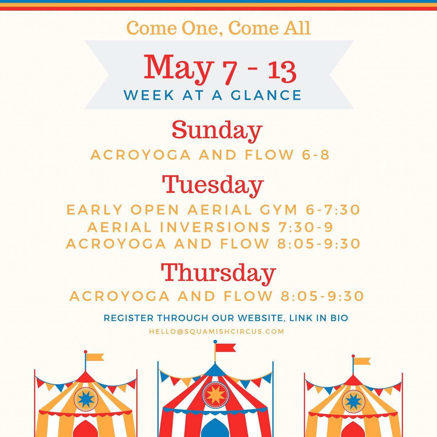 Sunday 
Acro and flow from 6-8 - all are welcome! Instruction available for newer folks for the first 45 minutes 

Tuesday:
The second of our 3 class series on inversions!
Open gym is earlier this week from 6-7:30! Come work on your skills on silks, 