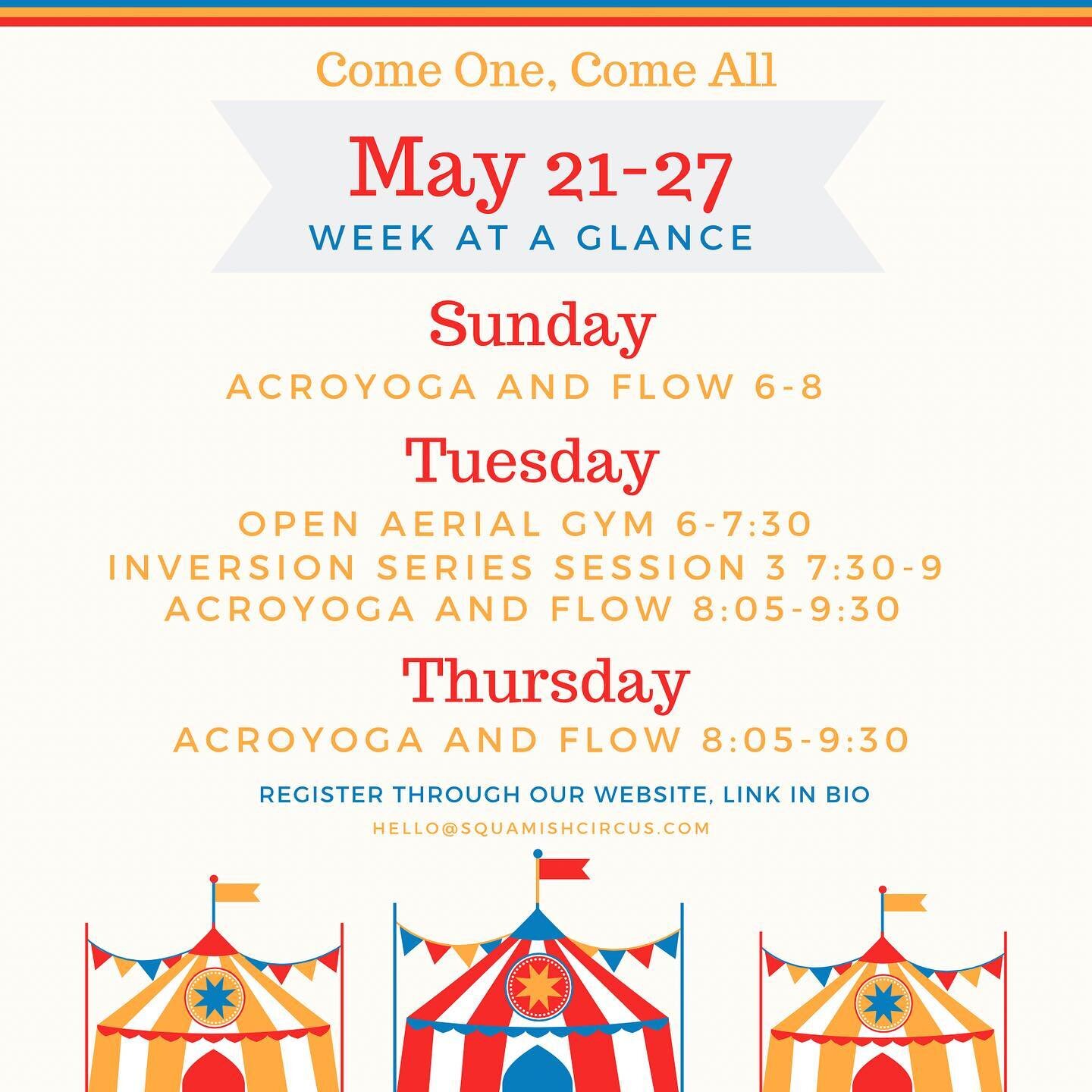 Sunday 
Acro and flow from 6-8 - all are welcome! Instruction available for newer folks for the first 45 minutes 

Tuesday:
The last of our 3 class series on inversions! From 730 to 9
Open gym is earlier this week from 6-7:30! Come work on your skill