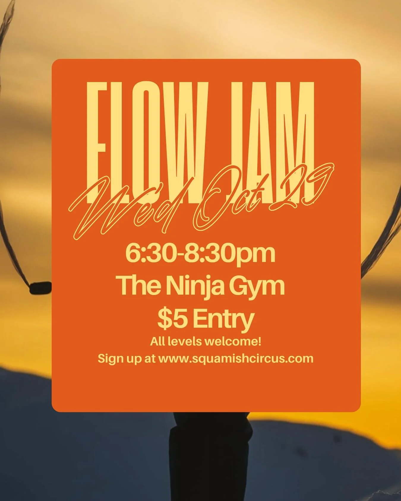 📣Calling all flow artists! 📣

Join us for a trial flow jam on Wednesday October 29 from 6:30-8:30 at The Ninja Gym! $5 for 2 hours while we get a feel for this space filled with flow artists. Our goal is to offer regular sessions to play indoors th