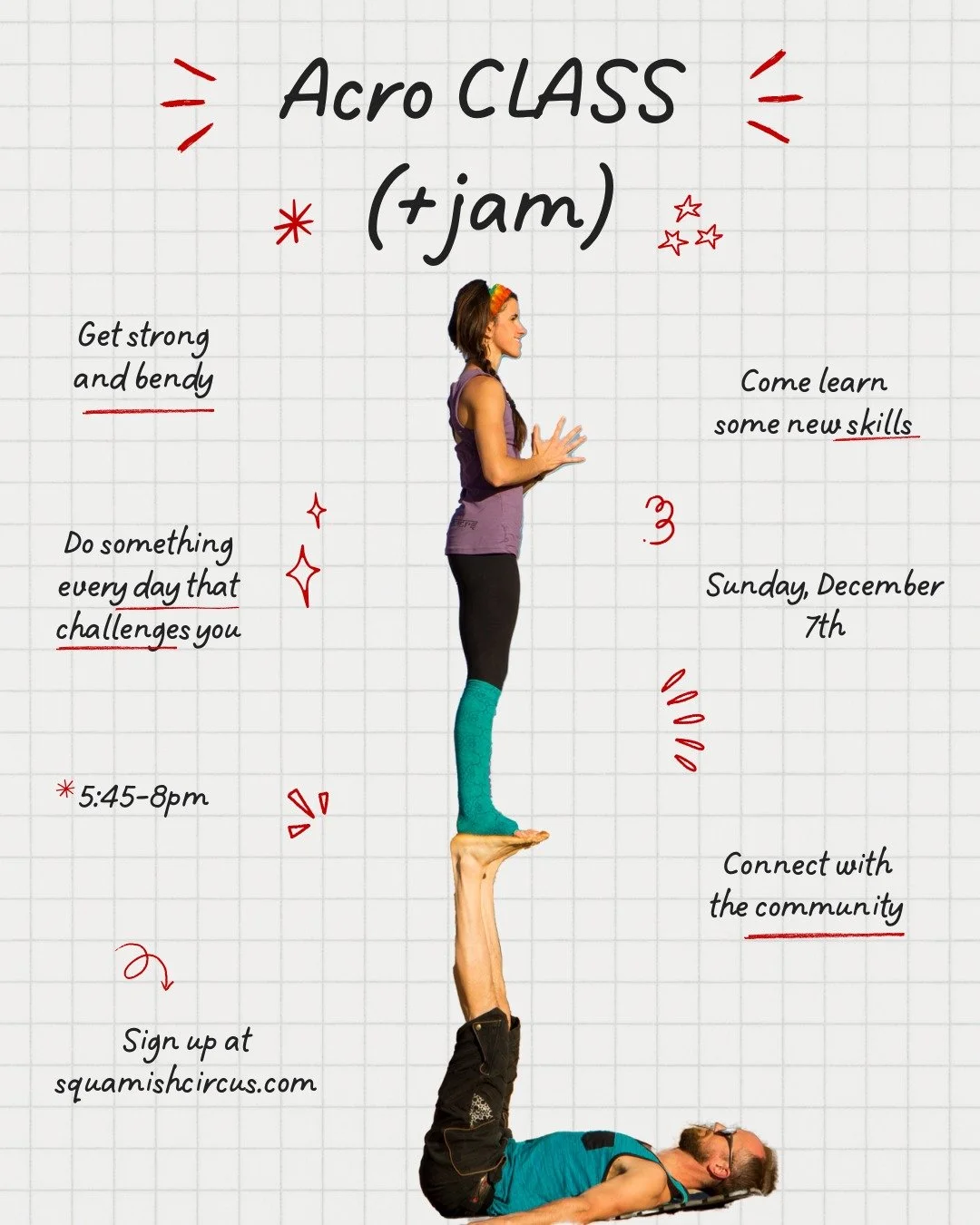 Squamish Circus is pleased to present an acro class + jam session this Sunday, December 7th from 5:45-8pm. 

Come join us in our awesome indoor space with padded floors where for the first hour we will work through some structured learning around acr
