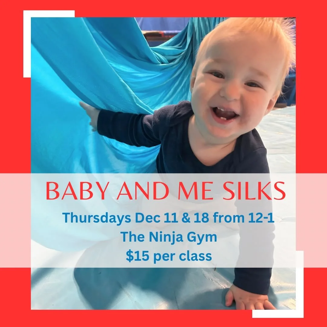 Baby and me aerial silks

Join us for Thursdays Dec 11 and/or 18 from 12-1 at The Ninja Gym.

What to expect: We&rsquo;ll tie the silks in a knot and you can put your baby in them at some point, but it will primarily be the parents on the silks with 