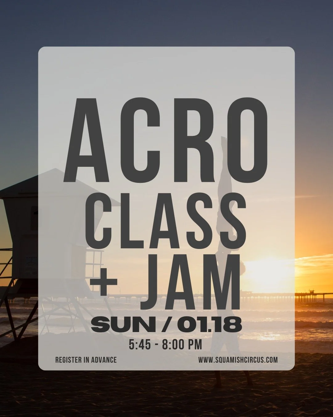 Join us on Sunday evening for the first Acro class + jam of 2026 at Akidaily from 5:45-8:00 pm! 🤸

Come join us in our awesome indoor space with padded floors to practice your acro skills and connect with the community. 🙃

First hour will be a mini