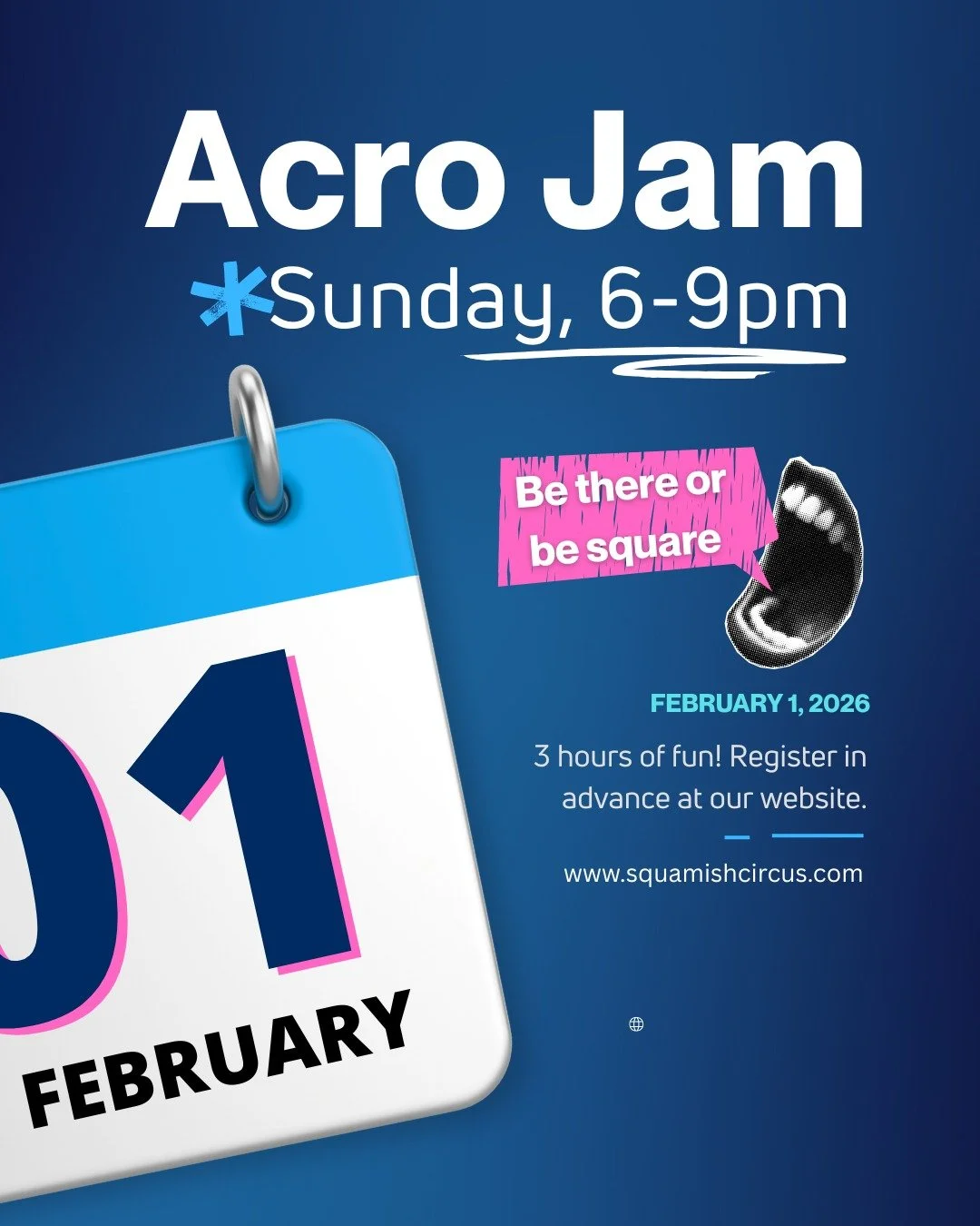 Acro jam is happening this coming Sunday evening, February 1st at Akidaily from 6-8pm! 🤸

Come join us in our awesome indoor space with padded floors to practice your acro skills and connect with the community. 🙃

Please note that you need to regis