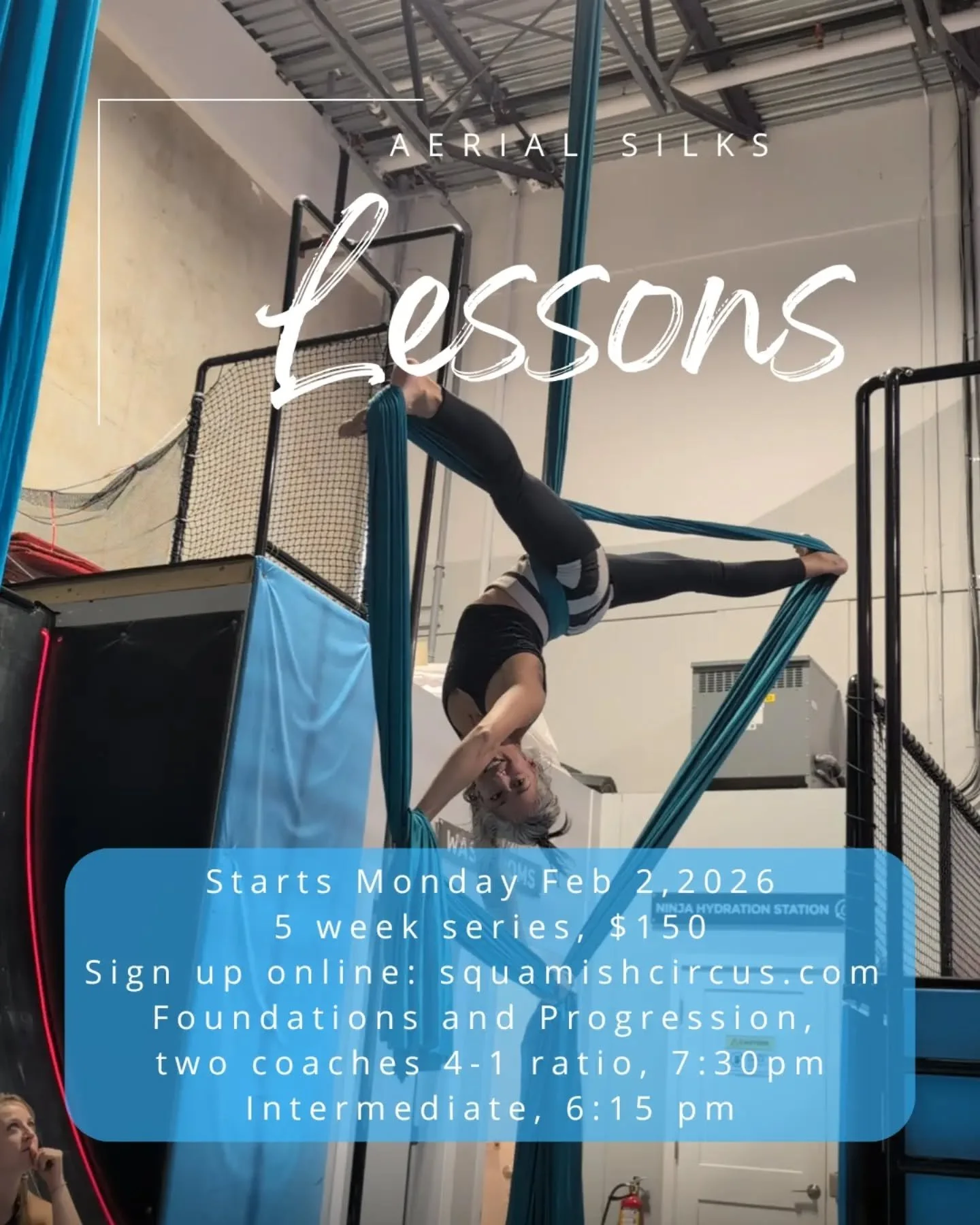 Hey aerialists, and aerial wanna be's.

We have an exciting announcement, our lessons are back on. Starting Feb 2, 2026. 

There are two 5 week series starting in two different levels. 
Sign up online at:  https://share.google/nNNhwhB1T73By0hBv

Foun