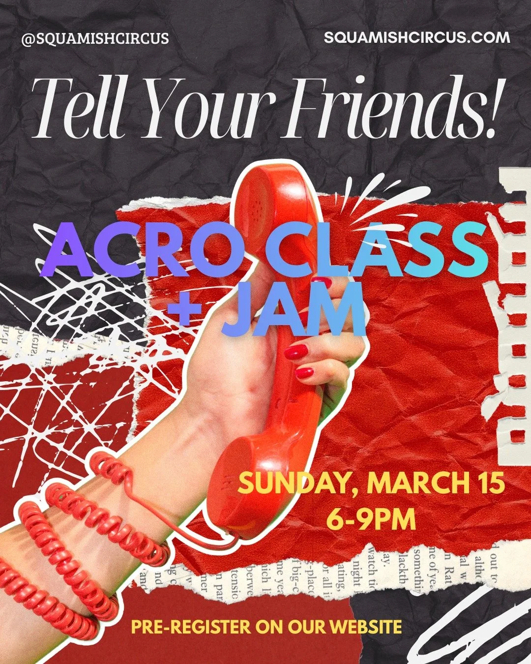Tell your friends! Acro class + jam session is happening! Sunday, March 15th from 6-9pm. 

Come join us in our awesome indoor space with padded floors where for the first hour we will work through some structured learning around acro poses and transi