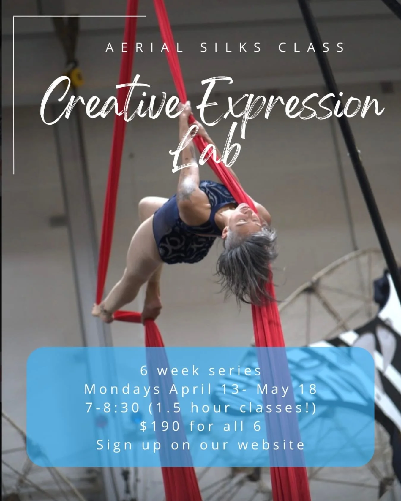 Intermediate Creative Expression Lab :

Join us for a new class which will meet you, the Intermediate aerialist, where you are at. 

What: I will offer a straightforward base sequence (an actual intermediate level)
- some will focus on learning the n
