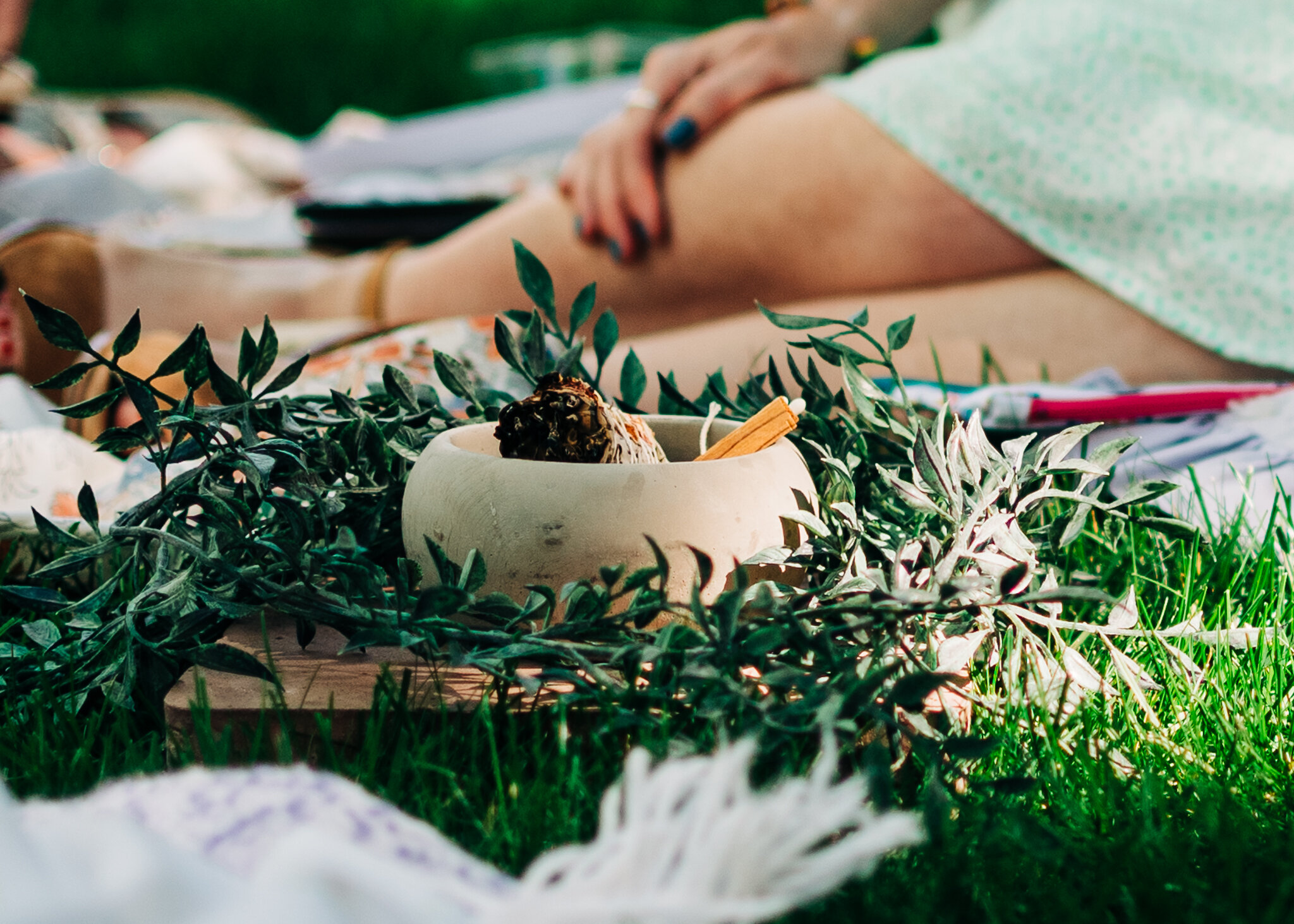 A picnic scene with a white bowl containing a pine cone and a cinnamon stick, surrounded by greenery and placed on a wooden board on grass. In the background, a person wearing a floral dress and tan shoes is sitting on a blanket.