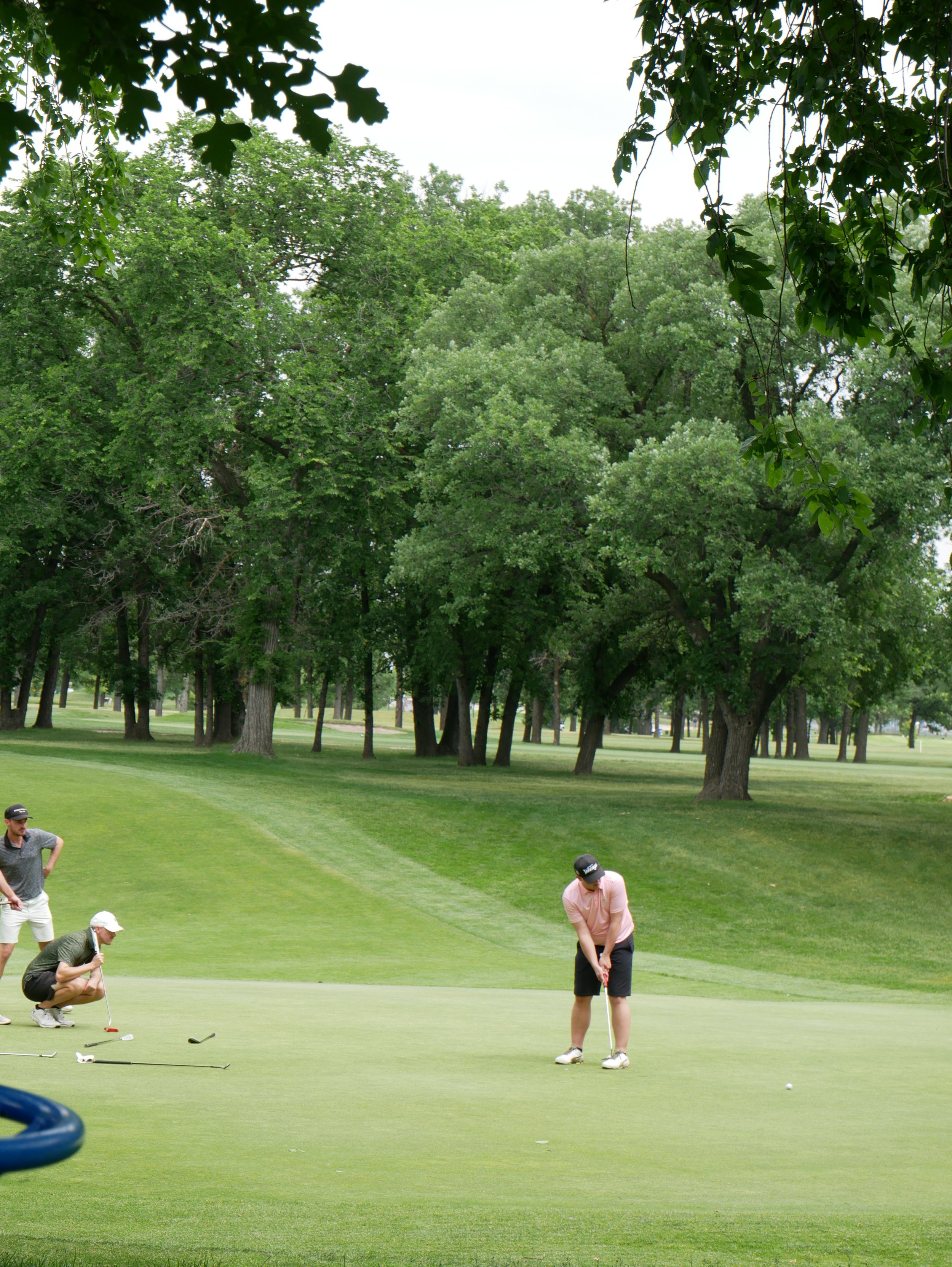 Three men are playing golf on a lush green course surrounded by trees. One man is preparing to hit the ball while the other two are observing.