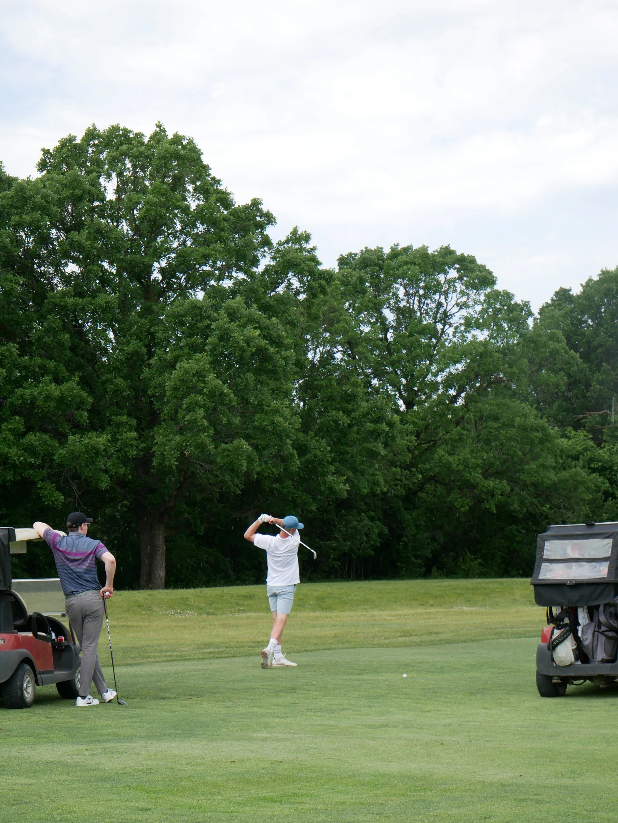 Two golfers on a green golf course with golf carts nearby, one teeing off and the other watching, surrounded by trees and a cloudy sky.