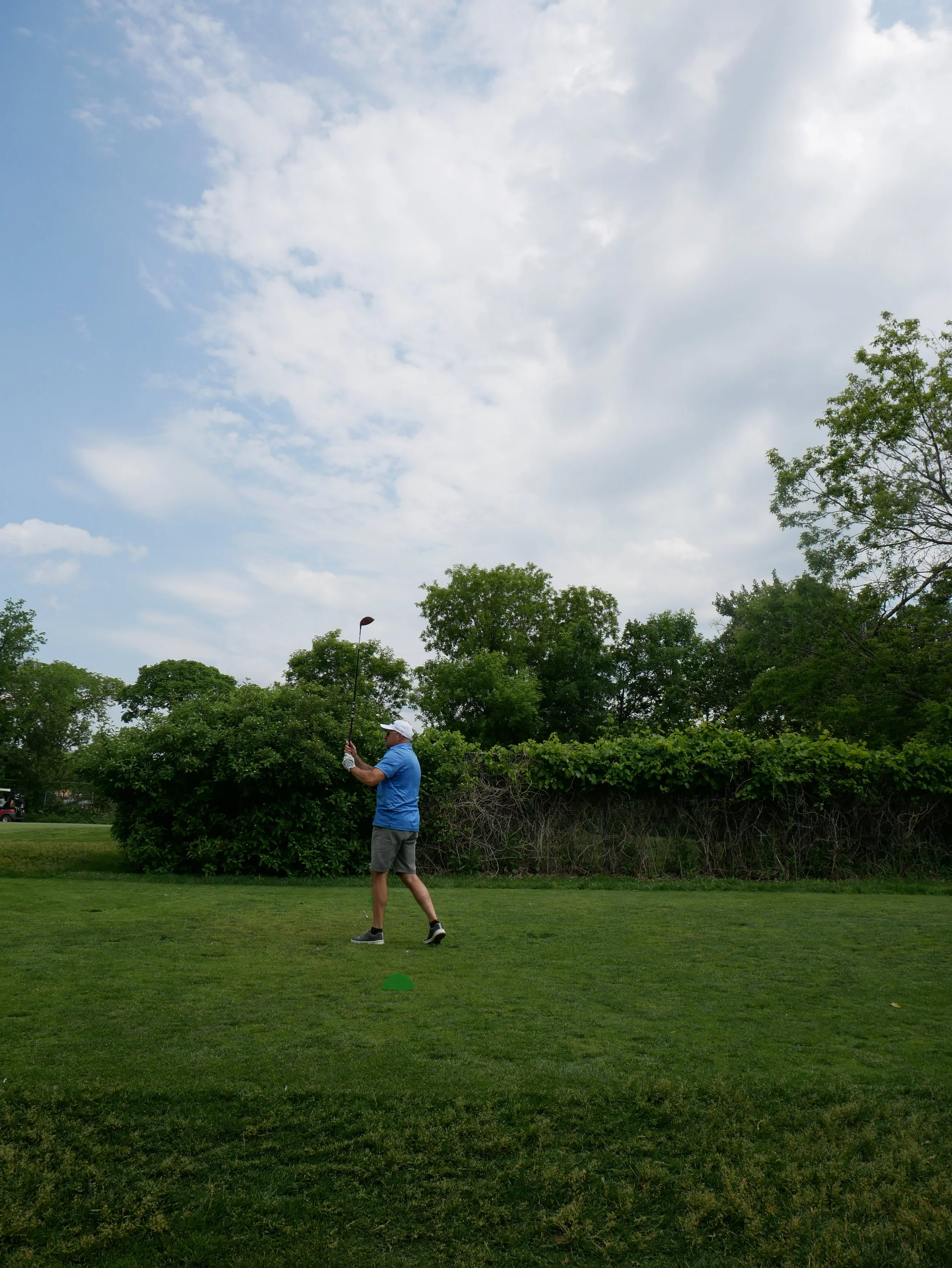 A man in a blue shirt and shorts playing golf on a grassy course, with trees and a cloudy sky in the background.
