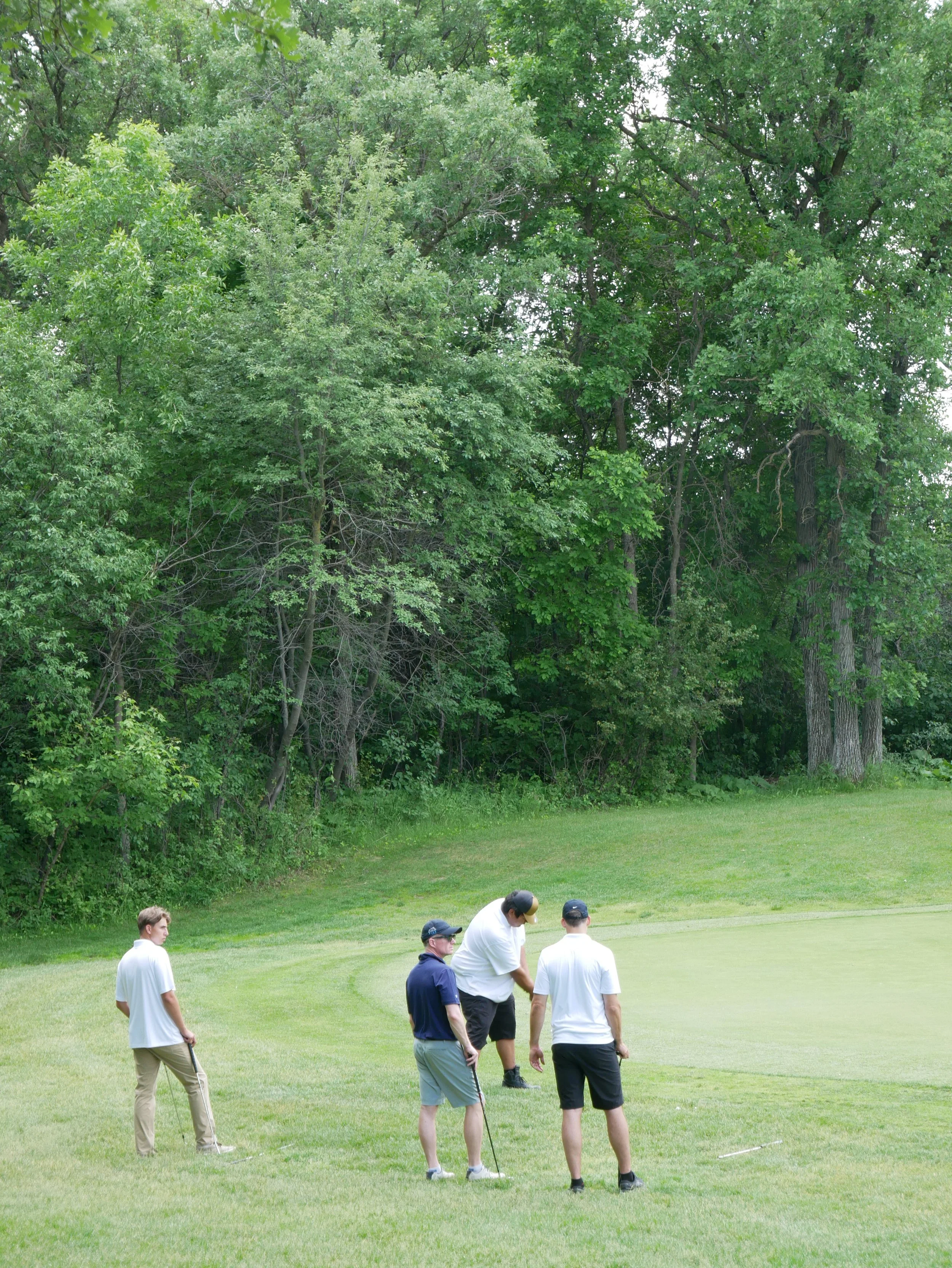 Four young men playing golf on a lush green golf course, with tall trees in the background.