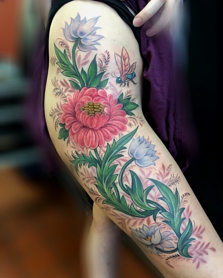 Flower sleeve that was done by Morgan Egan at Classic Tattoo in San Marcos, Texas