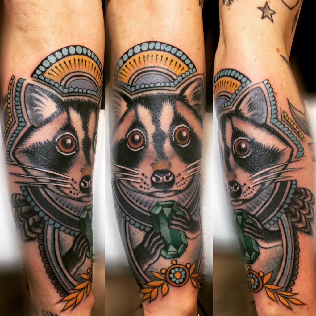 Raccoon Tattoo that was done by Morgan Egan at Classic Tattoo in San Marcos, Texas