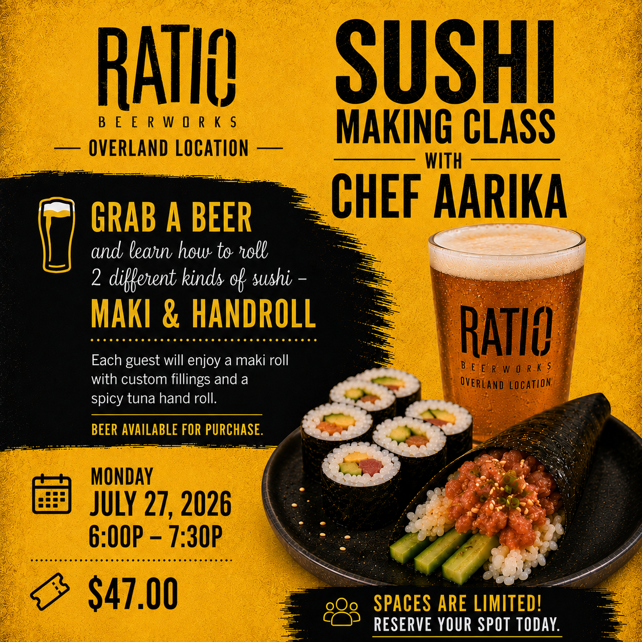 Sushi Making Pop-Up at Ratio Beerworks Overland (July 27, 2026)