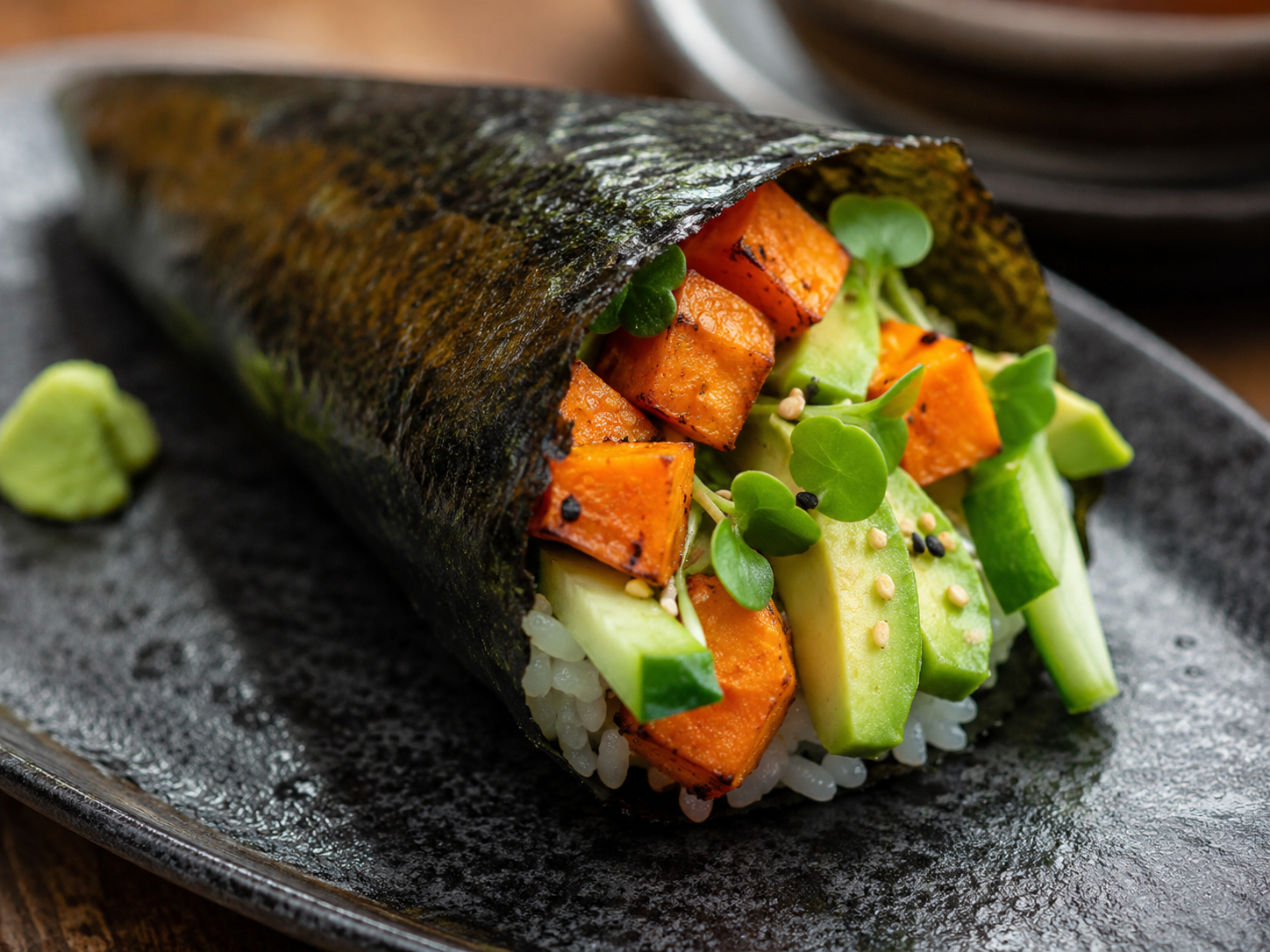 Vegetarian Wasabi Sweet Potato and Avocado Hand Roll.png