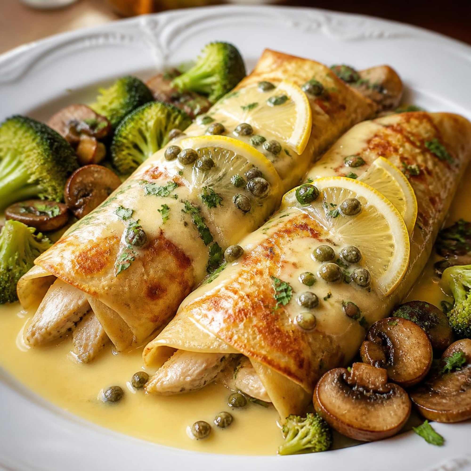 Two Mini Chicken, Broccoli, Mushroom Picatta Crepes