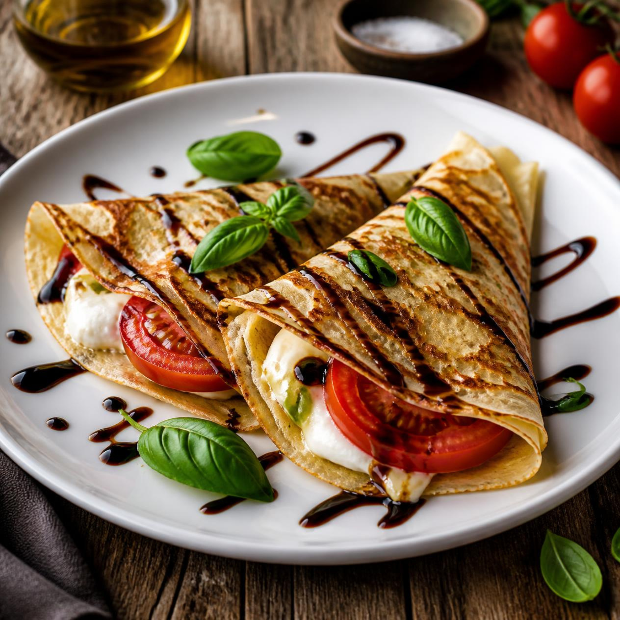 Two Mini Heirloom Tomato and Brie Crepes with Balsamic Glaze