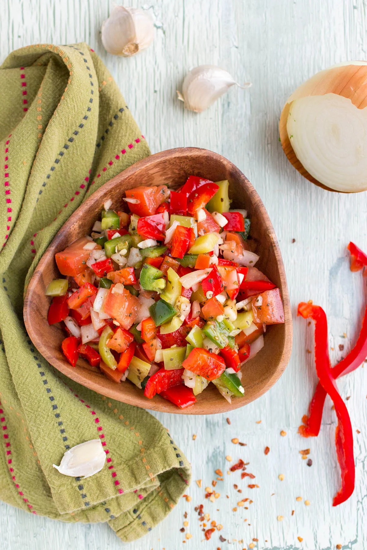 salsa criolla in a bowl with peppers and onion
