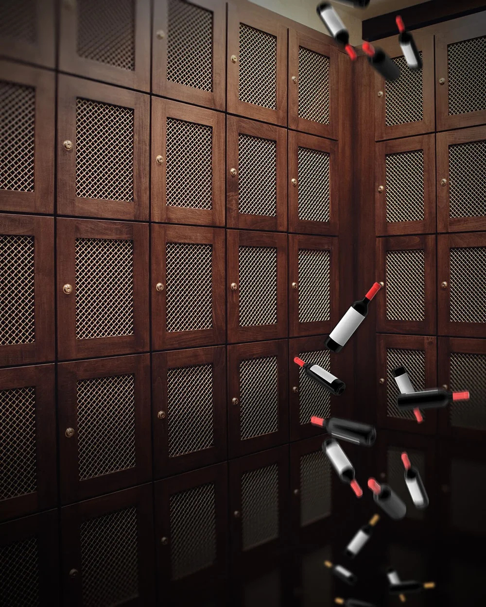 Wooden wine lockers with brass nameplates at Brasão Plano