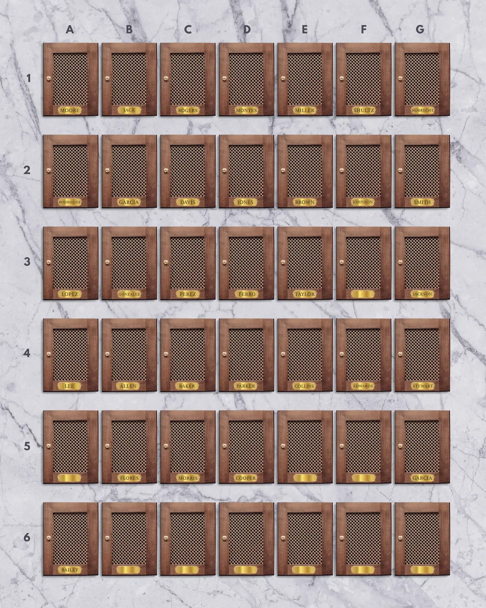 Left panel of wine lockers, columns A to G