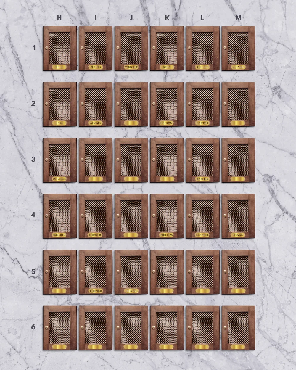 Right panel of wine lockers, columns H to M