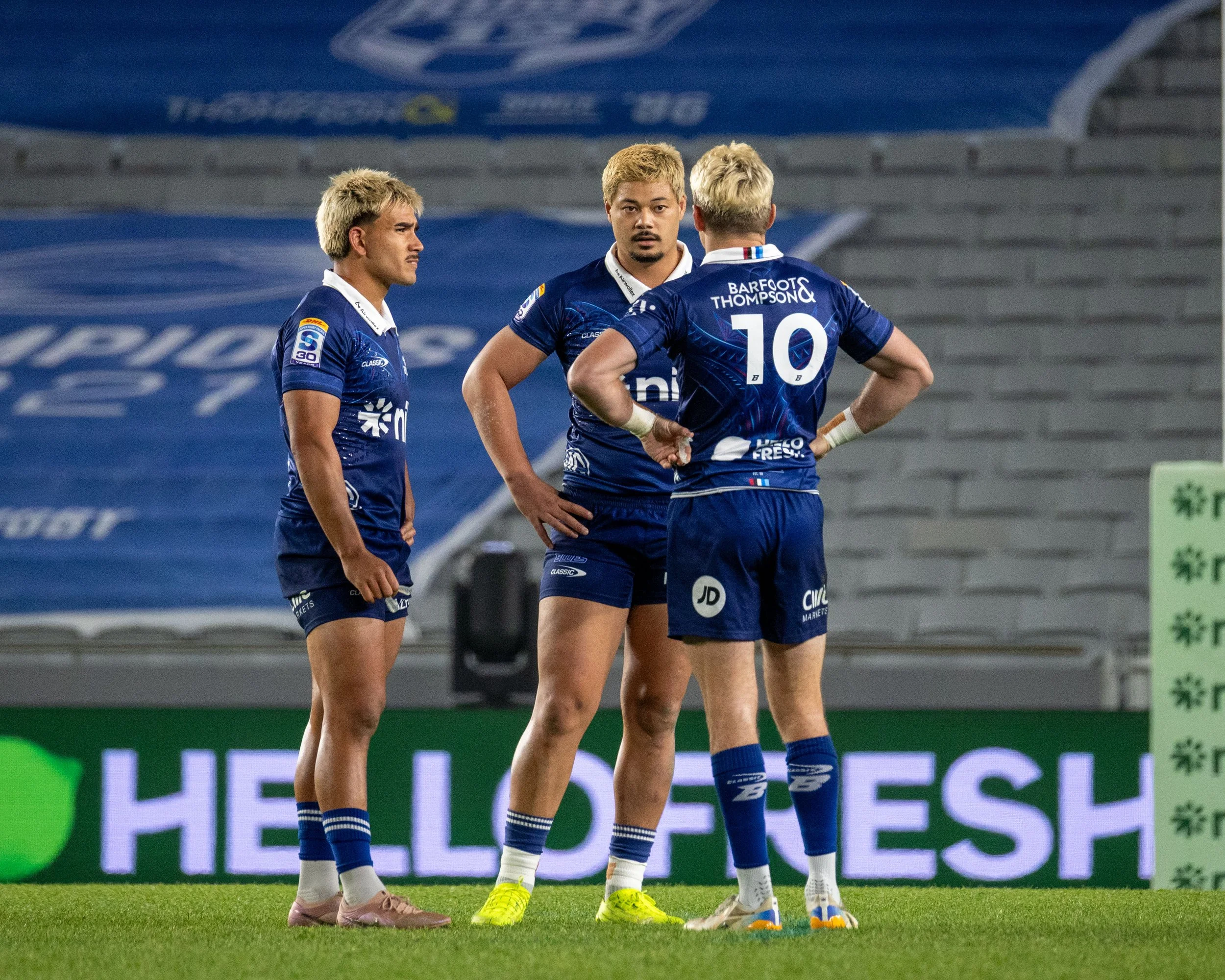 Centres Xavi Taele, AJ Lam, First Five Beauden Barrett

Highlanders vs Blues 16 May 2026
Shot by: Dominic Gasparich
