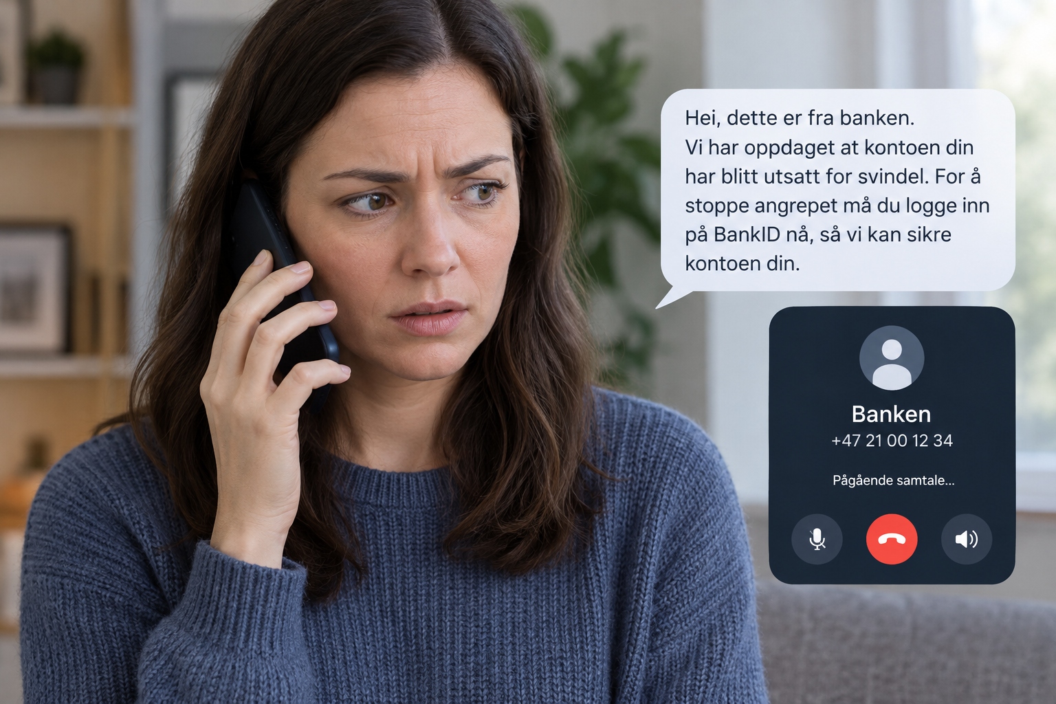 Kvinne som mottar telefonsvindel