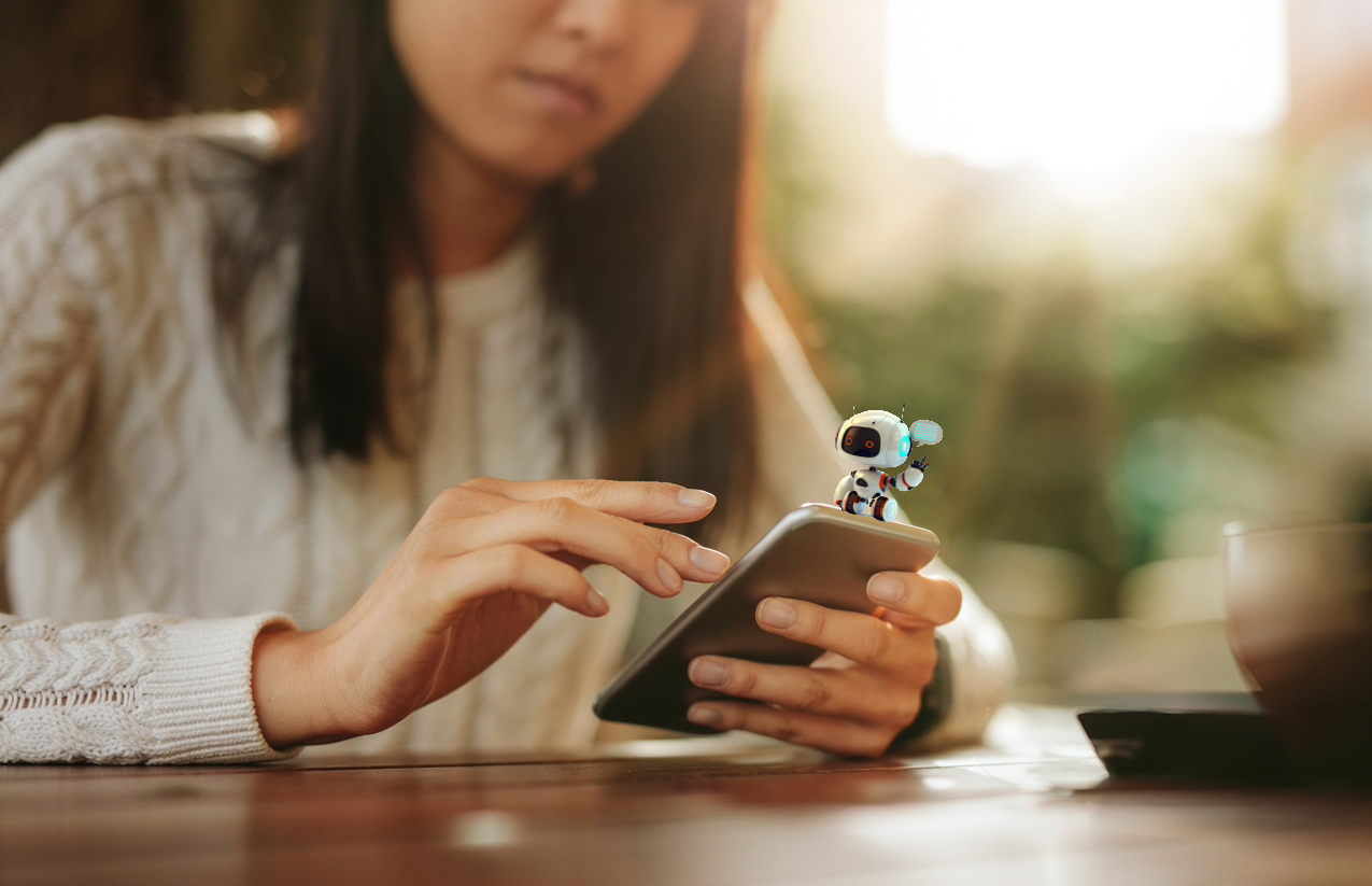 AI robot sittende på mobiltelefon holdt av jente i lys genser med mørkt hår. Kan AI brukes til å lage passord?