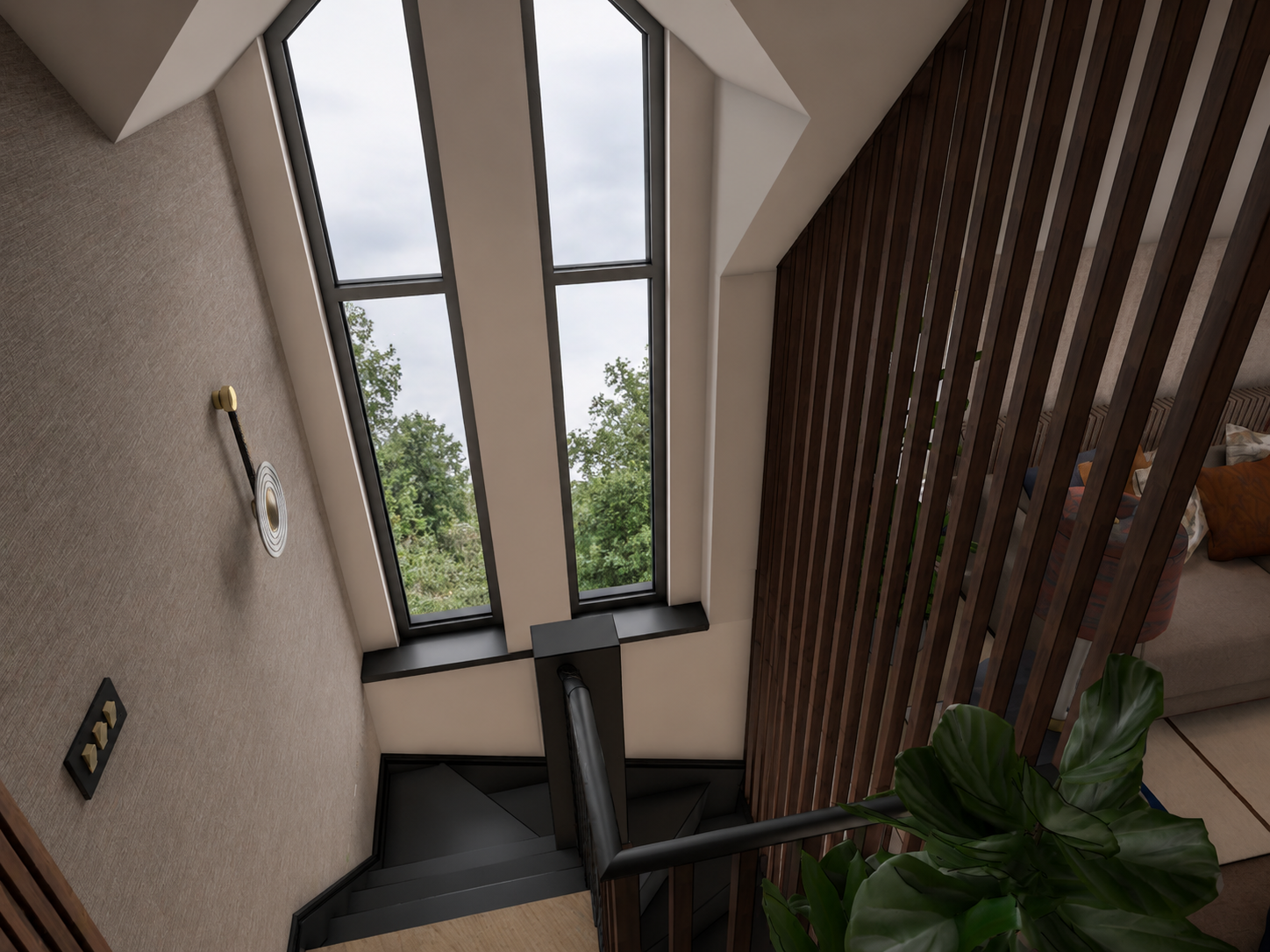 Interior design visual of the staircase landing at Clements Wharf, Durham, by Carole Crowe Interior Design, showing a new dark timber slatted balustrade with a black metal handrail viewed from the upper landing, a dramatic angled black-framed full-he