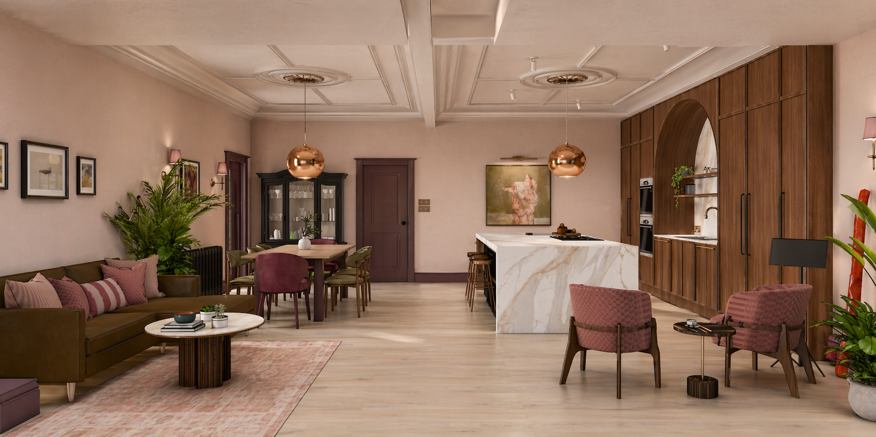 interior design visualisation showing the full open-plan layout of the Queens Road project by Carole Crowe Interior Design, Whitley Bay, with an olive green sofa and pink scatter cushions, a travertine coffee table on a faded rug, a long dining table