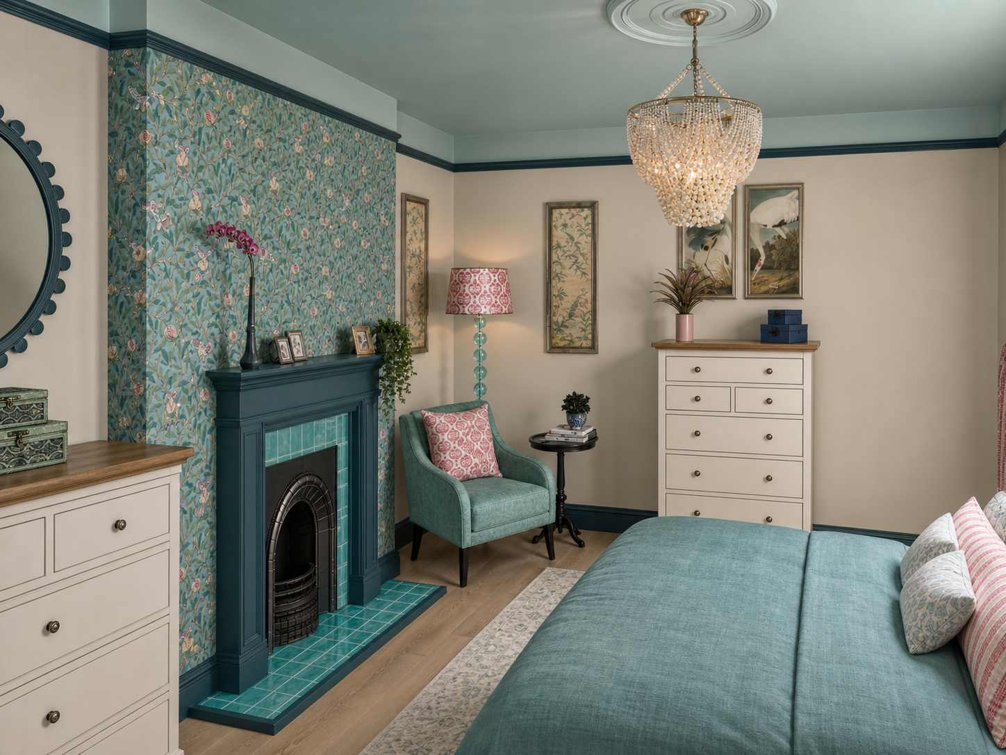 county-durham-principal-bedroom-william-morris-wallpaper-scheme-coat-paints-upcycled-furniture.png