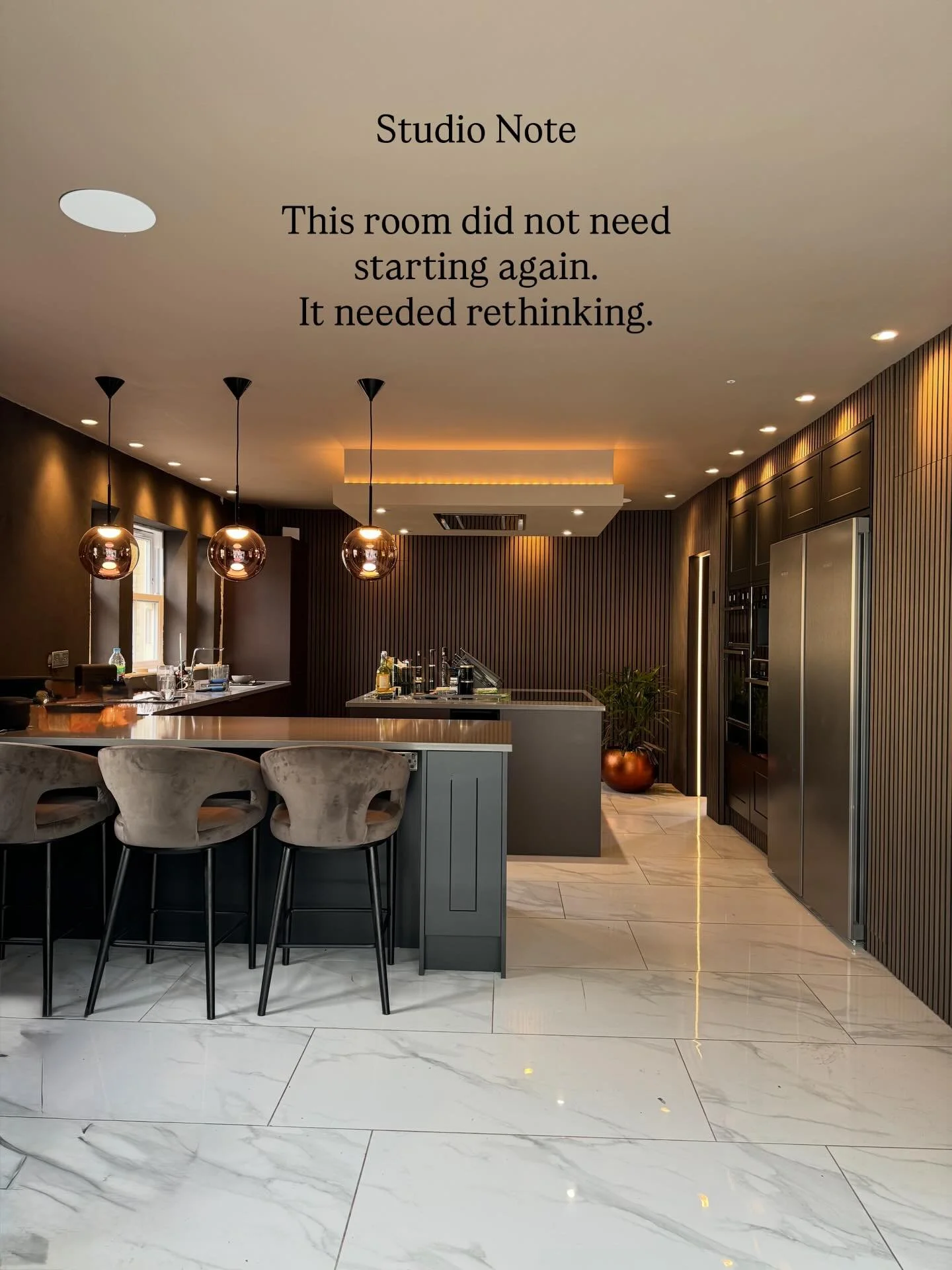 Studio Note

This room did not need starting again. It needed rethinking.

Part of the success of this project was knowing what did not need to be replaced.

We retained the existing kitchen, had it sprayed, reworked the layout, and introduced new ma