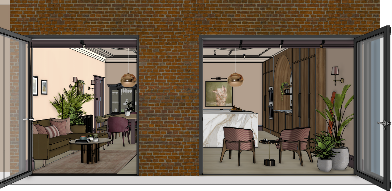 Interior view of a two-room with open large glass doors. The left room is a living room with a sofa, a coffee table, a large plant, and dining area with a table and chairs. The right room is a kitchen with wooden cabinetry, a marble island, and seating area with two chairs, a small table, and large potted plants.