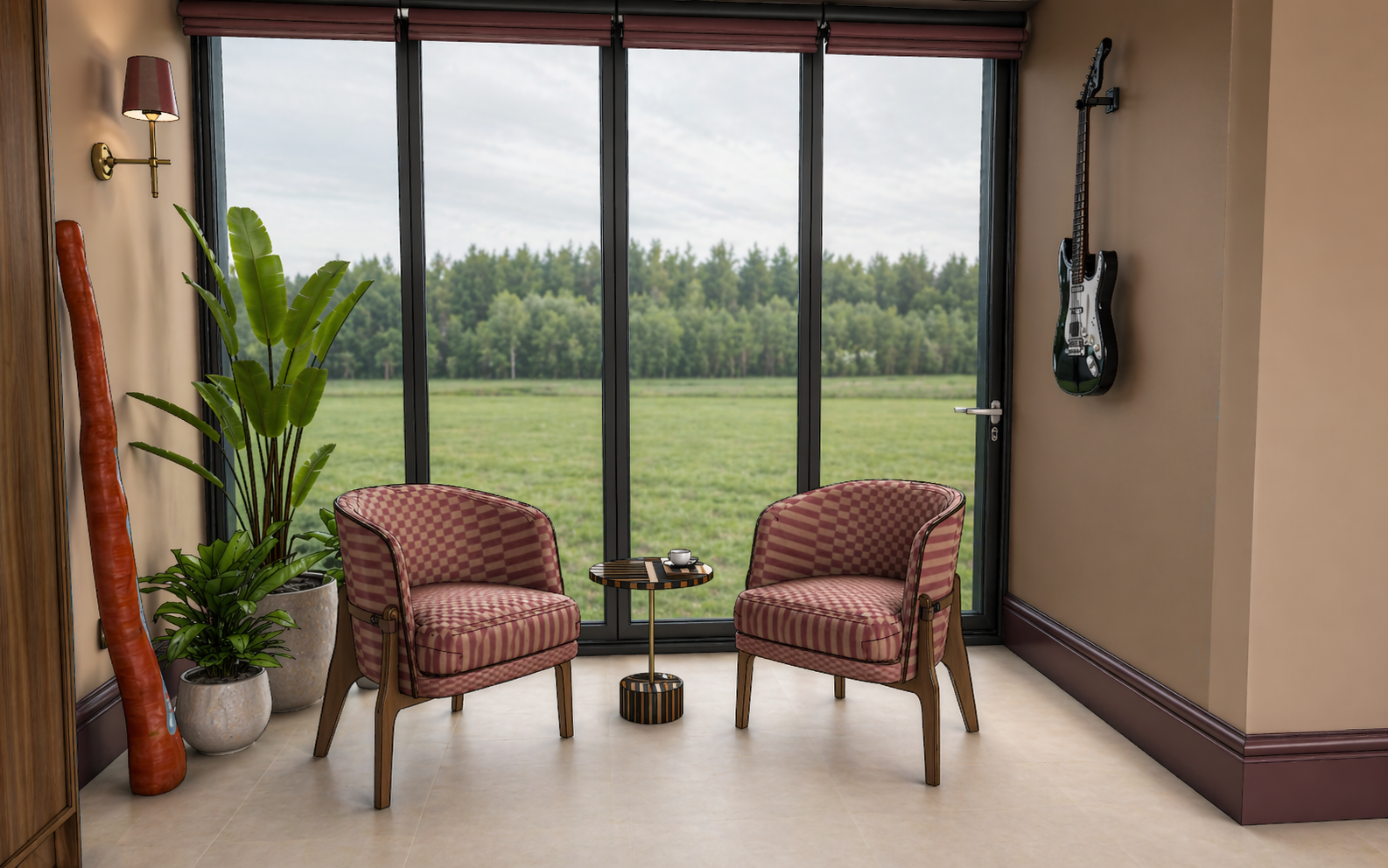 interior design visualisation of a quiet sitting area in the Queens Road project by Carole Crowe Interior Design, Whitley Bay, featuring two pink checked upholstered armchairs with walnut legs either side of a small striped side table, a didgeridoo l