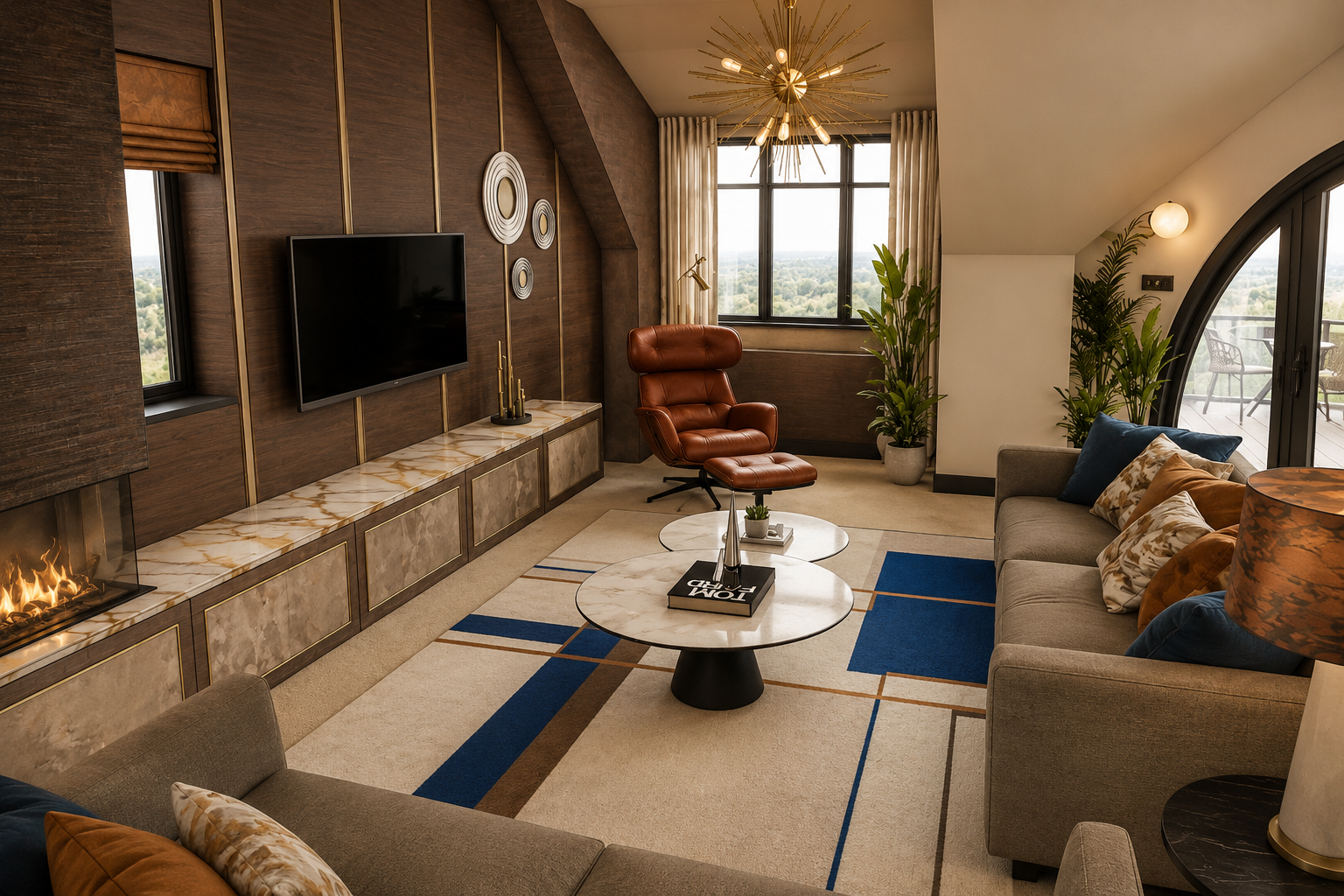Interior design visual of the living room at Clements Wharf, Durham, by Carole Crowe Interior Design, featuring a dramatic dark walnut and brass-trimmed media and fireplace wall with a linear gas fire and illuminated marble-effect stone hearth, a wal
