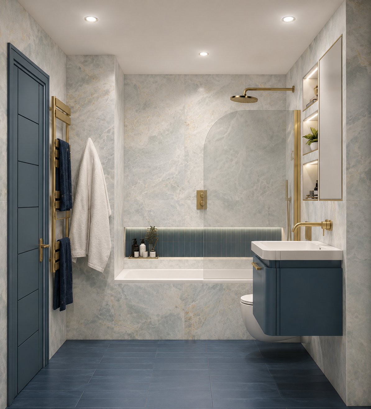 Design visual of guest ensuite bathroom at Clements Wharf Durham, featuring marble effect wall tiles, slate blue floor tiles, a bath with arched glass shower screen and brass overhead rain head, navy painted door with brass handle, brass heated towel