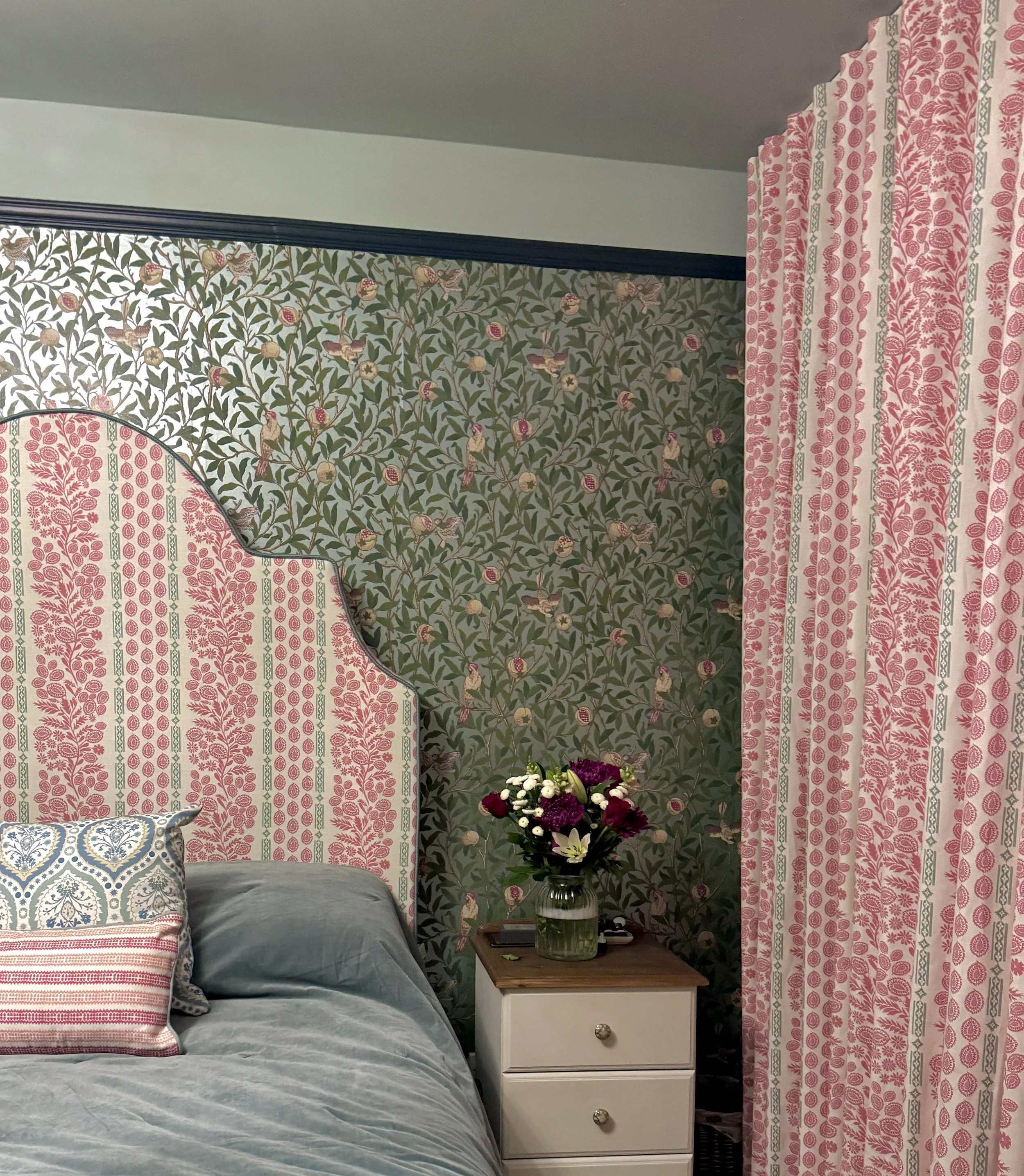 county-durham-principal-bedroom-headboard-william-morris-wallpaper-and-curtains.JPG